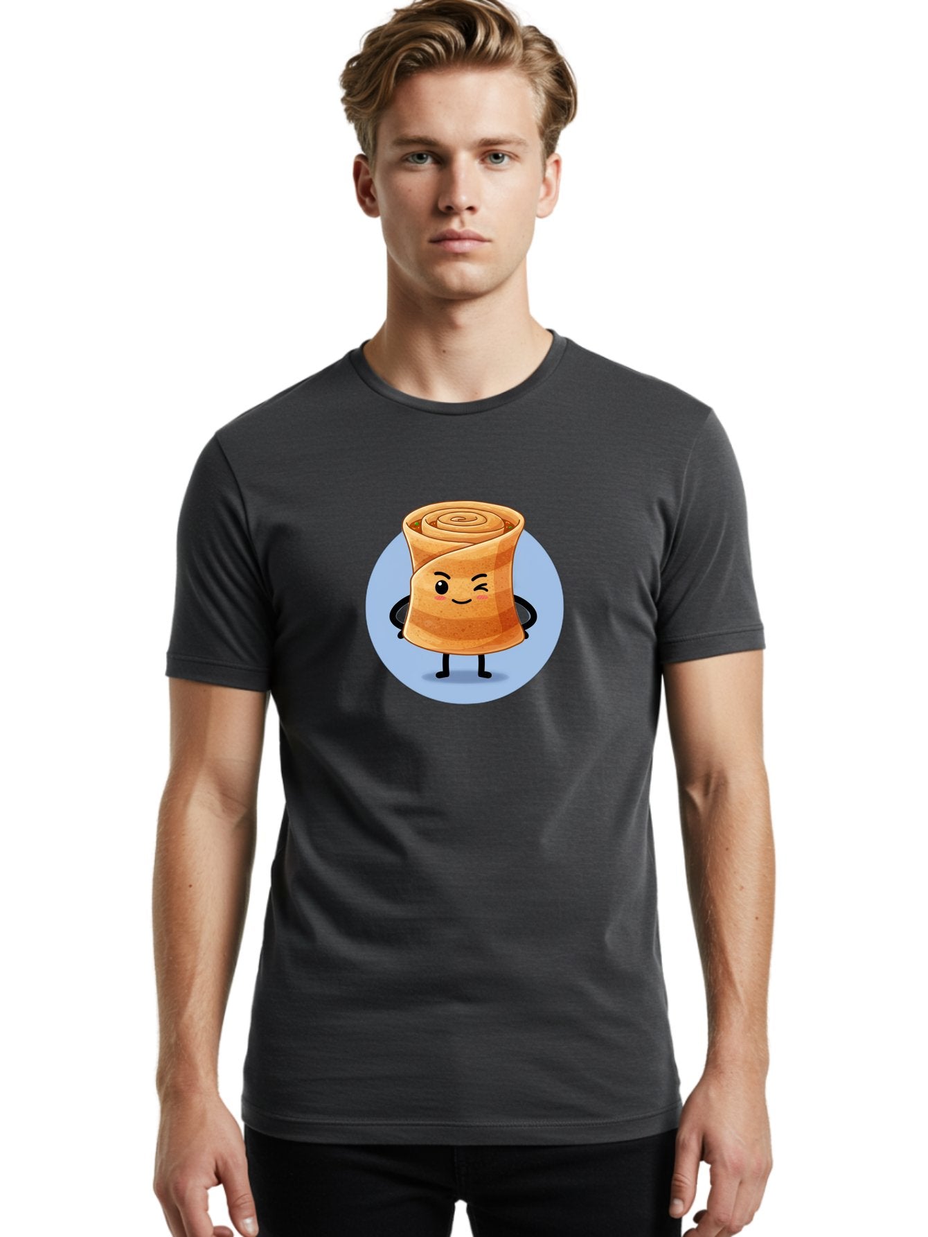 Popiah Men'S Graphic Tee, 100% Cotton, Comfortable Casual Summer Wear, Machine Washable, Cartoon Cinnamon Roll, Smiling Face, Winking, Cute Pastry, Baked Goods, Sweet Treats, Delicious Dessert, Kawaii Character, Adorable Illustration Bab213 30