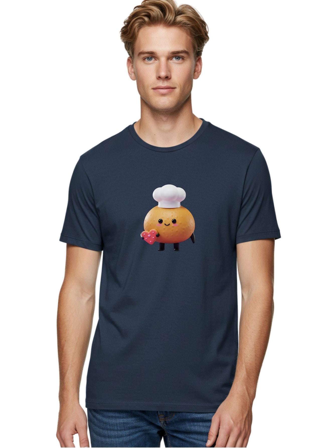 Potato-Chef-1 Men'S Graphic Tee, 100% Cotton, Comfortable Casual Summer Wear, Machine Washable, Cartoon Potato, Chef Hat, Heart-Shaped Cookie, Cute Character, Baking Theme, Kawaii Style, Sweet Treats, Adorable Design, Cookie Love, Bab214 26