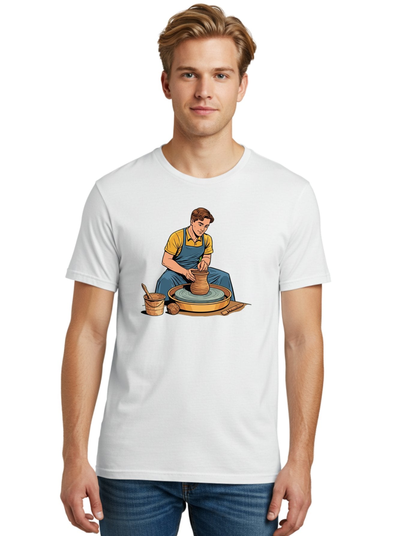 Potter-At-Work-9 Men'S Graphic Tee, 100% Cotton, Comfortable Casual Summer Wear, Machine Washable, Potter Shaping Clay, Pottery Wheel In Action, Crafting Ceramics, Artisanal Skills, Pottery Making, Handmade Crafts, Creative Process Bab228 23