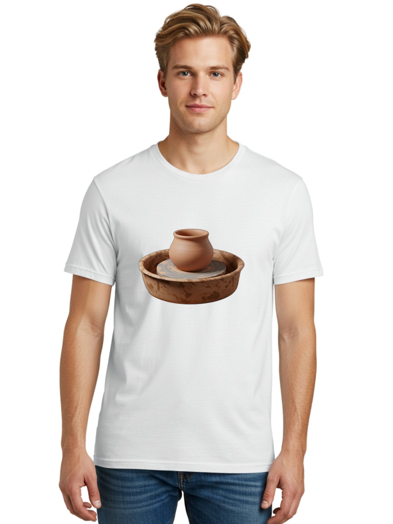 Potter-S-Wheel-With-Clay-Pot Men'S Graphic Tee, 100% Cotton, Comfortable Casual Summer Wear, Machine Washable, Pottery Wheel, Clay Pot, Ceramic Art, Handmade Crafts, Pottery Making, Clay Vessel, Terracotta, Artisan Work, Creative Process, Bab239 16