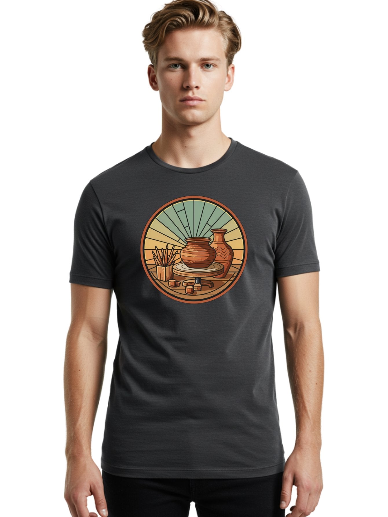 Pottery-Wheel-Illustration Men'S Graphic Tee, 100% Cotton, Comfortable Casual Summer Wear, Machine Washable, Clay Pot On Pottery Wheel, Ceramic Art, Handmade Pottery, Pottery Tools, Clay Vase, Decorative Ceramics, Artisanal Craftsmanship, Bab254 20
