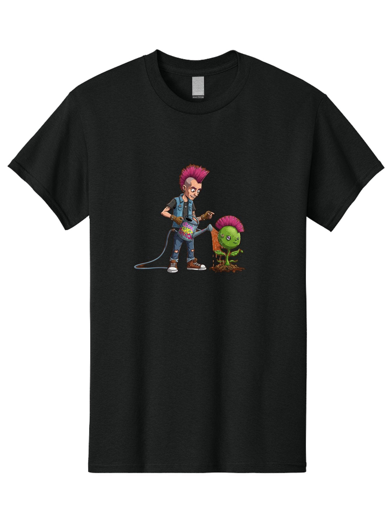 Punk-Watering-Plant Men'S Graphic Tee, 100% Cotton, Comfortable Casual Summer Wear, Machine Washable, Punk Rock Character, Mohawk Hairstyle, Watering Can, Graffiti Art, Punk Plant, Urban Gardening, Street Culture, Vibrant Colors, Bab260 9