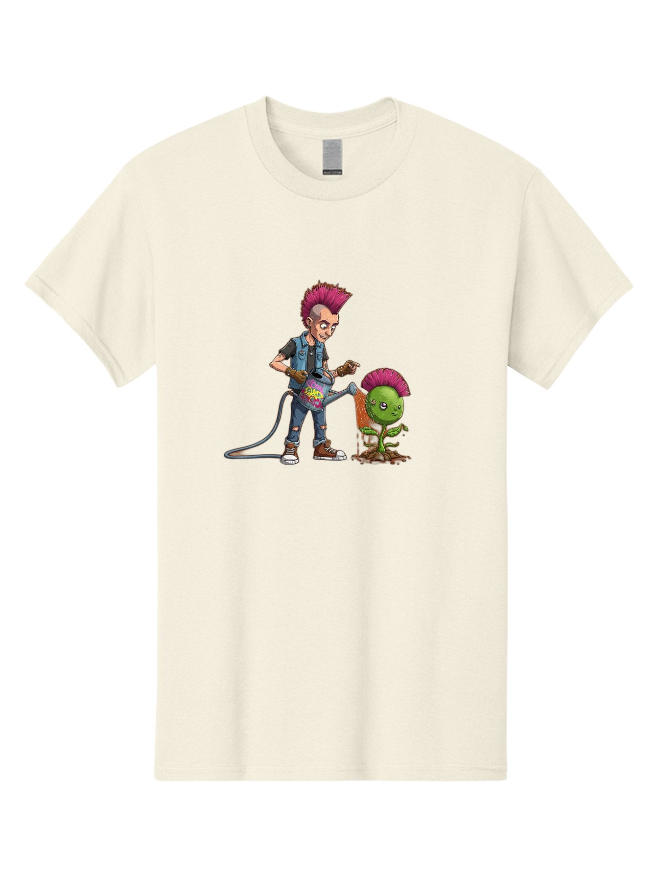 Punk-Watering-Plant Men'S Graphic Tee, 100% Cotton, Comfortable Casual Summer Wear, Machine Washable, Punk Rock Character, Mohawk Hairstyle, Watering Can, Graffiti Art, Punk Plant, Urban Gardening, Street Culture, Vibrant Colors, Bab260