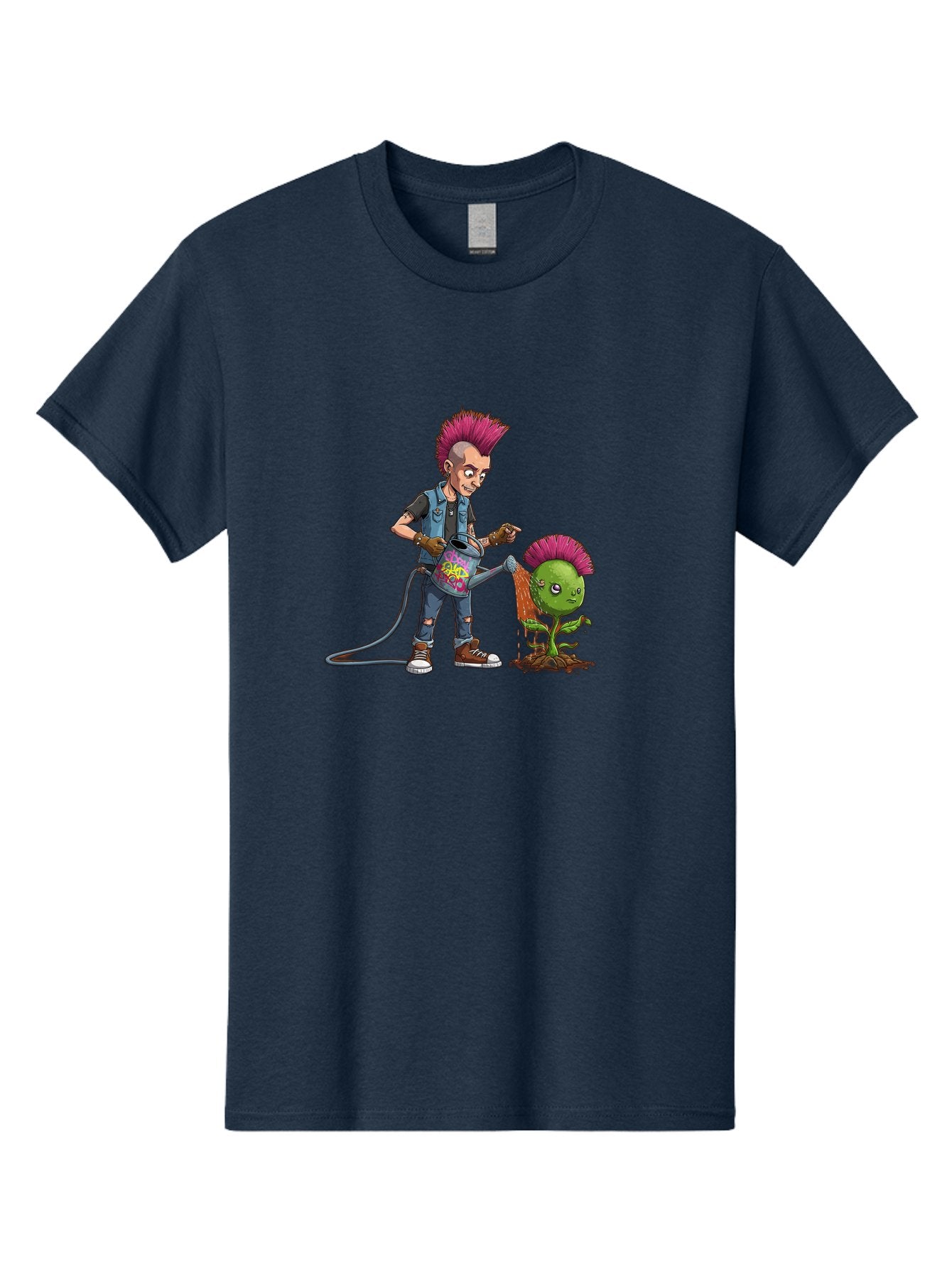 Punk-Watering-Plant Men'S Graphic Tee, 100% Cotton, Comfortable Casual Summer Wear, Machine Washable, Punk Rock Character, Mohawk Hairstyle, Watering Can, Graffiti Art, Punk Plant, Urban Gardening, Street Culture, Vibrant Colors, Bab260