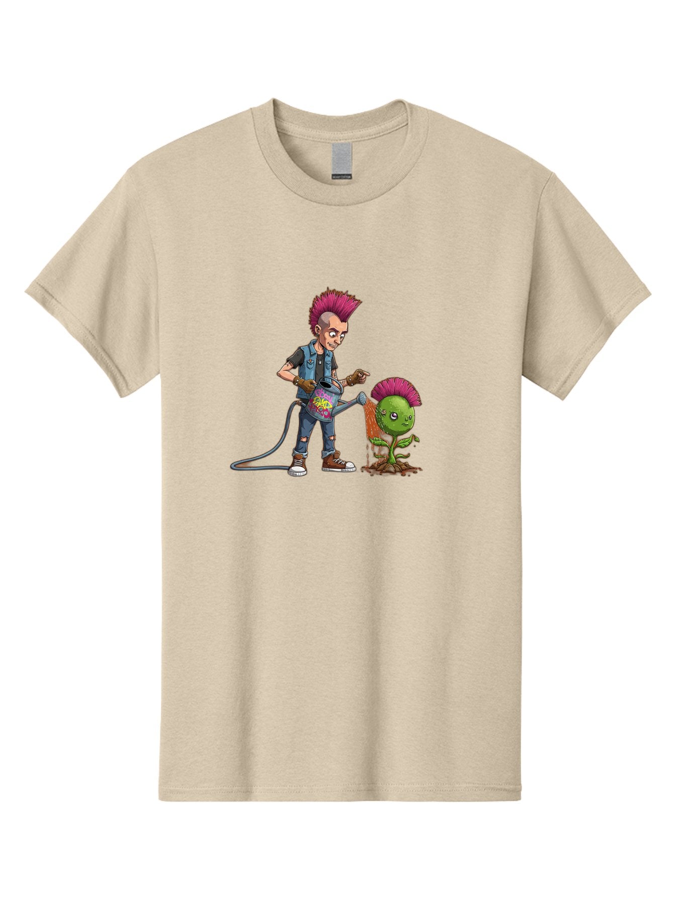 Punk-Watering-Plant Men'S Graphic Tee, 100% Cotton, Comfortable Casual Summer Wear, Machine Washable, Punk Rock Character, Mohawk Hairstyle, Watering Can, Graffiti Art, Punk Plant, Urban Gardening, Street Culture, Vibrant Colors, Bab260 10