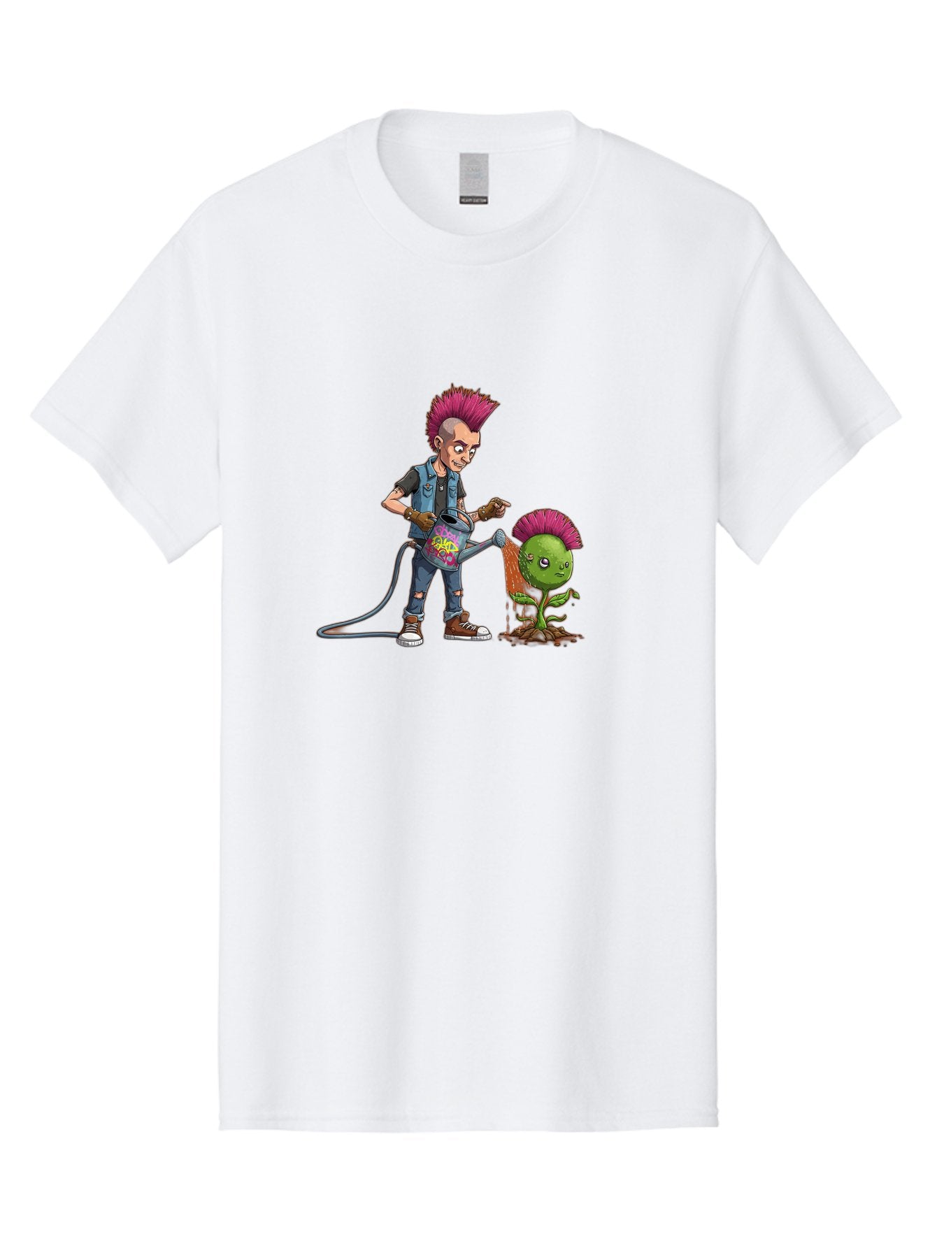 Punk-Watering-Plant Men'S Graphic Tee, 100% Cotton, Comfortable Casual Summer Wear, Machine Washable, Punk Rock Character, Mohawk Hairstyle, Watering Can, Graffiti Art, Punk Plant, Urban Gardening, Street Culture, Vibrant Colors, Bab260 3
