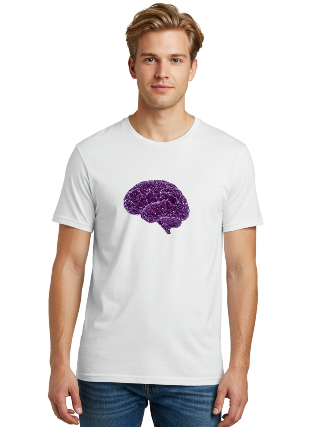 Purple-Brain Men'S Graphic Tee, 100% Cotton, Comfortable Casual Summer Wear, Machine Washable, Digital Brain, Futuristic, Artificial Intelligence, 3D Rendering, Low Poly, Geometric, Neural Connections, Cognitive Function, Technology, Bab261 30