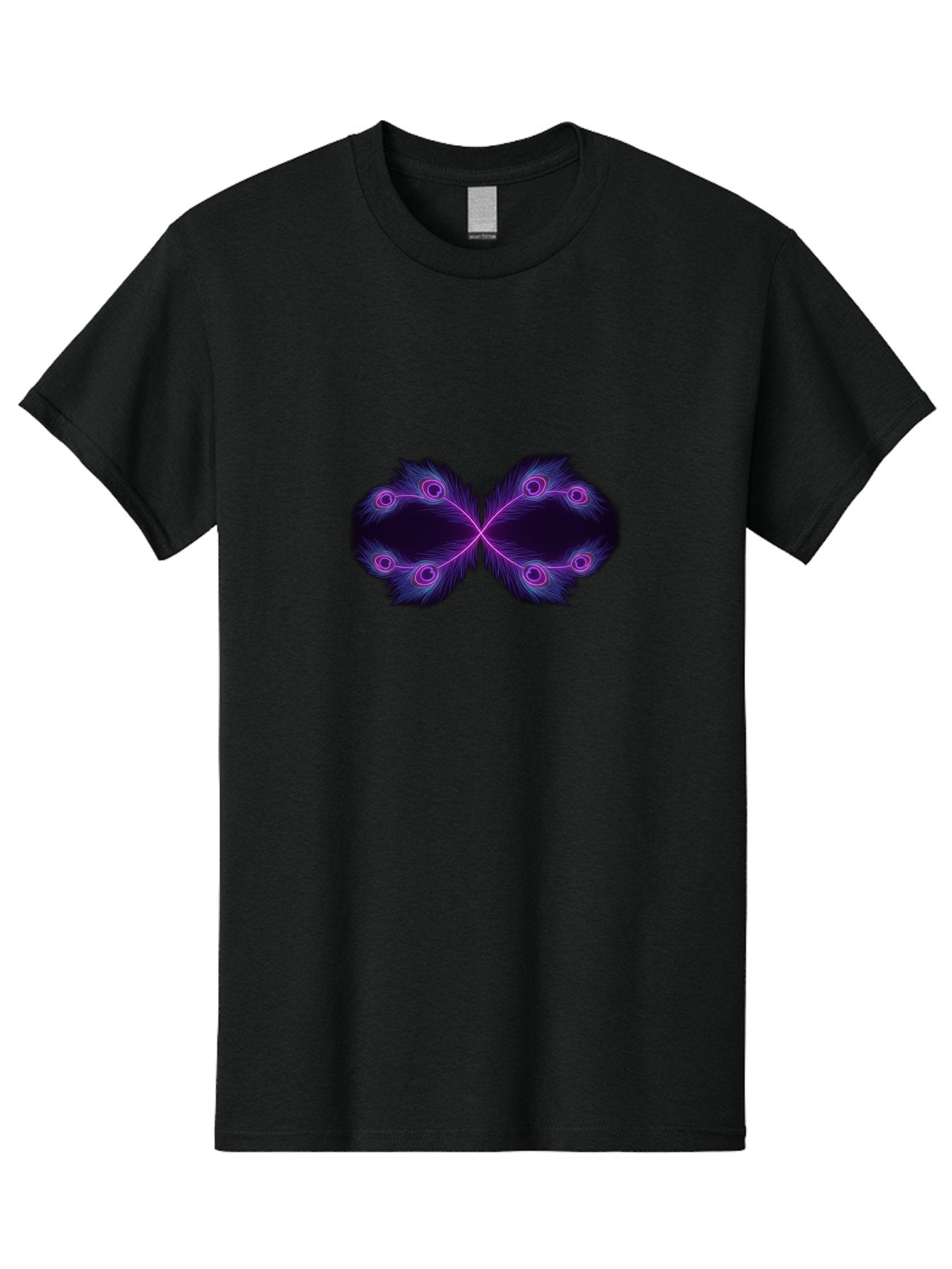 Purple-Feathers-Butterfly Men'S Graphic Tee, 100% Cotton, Comfortable Casual Summer Wear, Machine Washable, Purple Feather Design, Butterfly Shape, Neon Purple Accents, Circular Patterns, Symmetrical Art, Digital Illustration, Fantasy Art, Bab262 3
