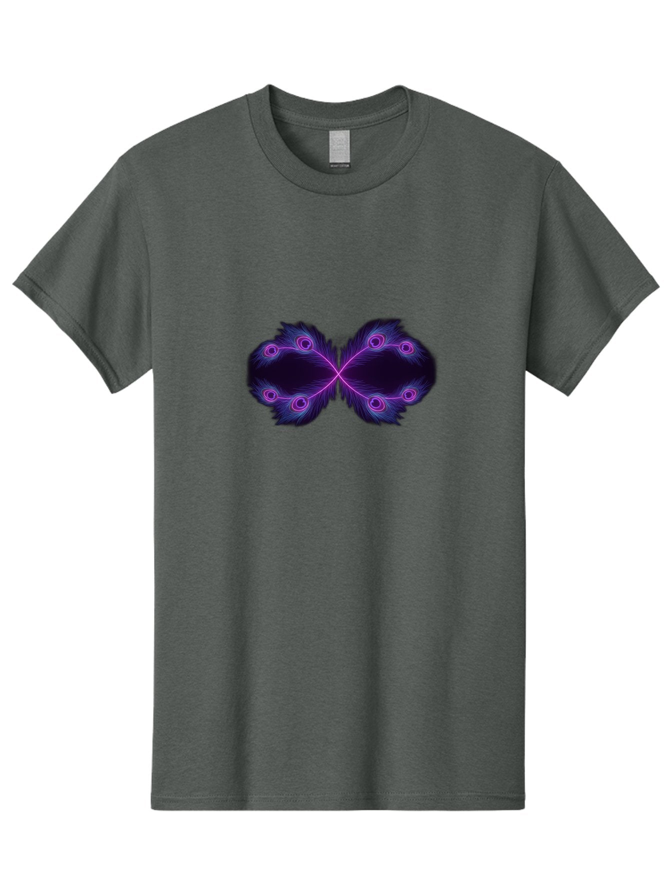 Purple-Feathers-Butterfly Men'S Graphic Tee, 100% Cotton, Comfortable Casual Summer Wear, Machine Washable, Purple Feather Design, Butterfly Shape, Neon Purple Accents, Circular Patterns, Symmetrical Art, Digital Illustration, Fantasy Art, Bab262 4