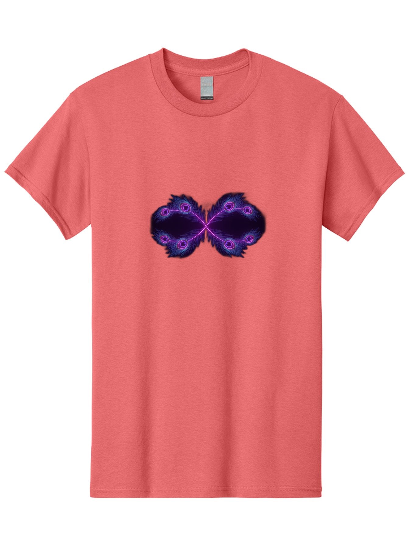 Purple-Feathers-Butterfly Men'S Graphic Tee, 100% Cotton, Comfortable Casual Summer Wear, Machine Washable, Purple Feather Design, Butterfly Shape, Neon Purple Accents, Circular Patterns, Symmetrical Art, Digital Illustration, Fantasy Art, Bab262