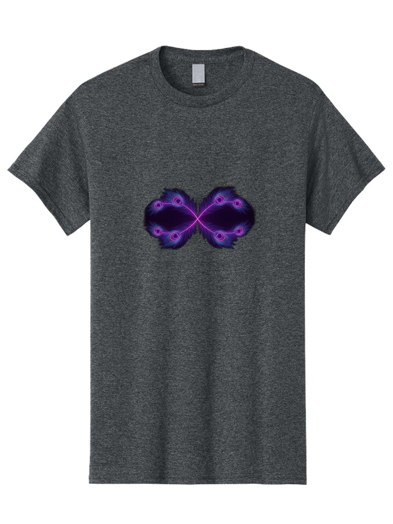 Purple-Feathers-Butterfly Men'S Graphic Tee, 100% Cotton, Comfortable Casual Summer Wear, Machine Washable, Purple Feather Design, Butterfly Shape, Neon Purple Accents, Circular Patterns, Symmetrical Art, Digital Illustration, Fantasy Art, Bab262 5