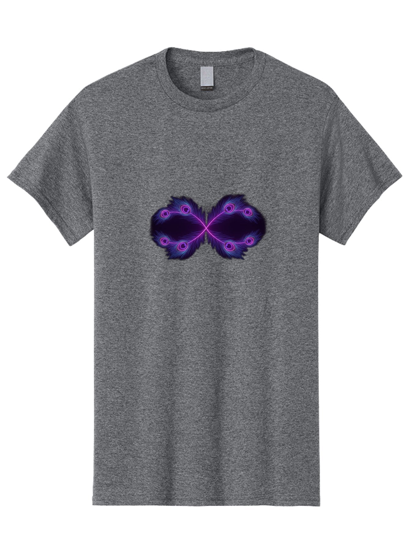 Purple-Feathers-Butterfly Men'S Graphic Tee, 100% Cotton, Comfortable Casual Summer Wear, Machine Washable, Purple Feather Design, Butterfly Shape, Neon Purple Accents, Circular Patterns, Symmetrical Art, Digital Illustration, Fantasy Art, Bab262 14
