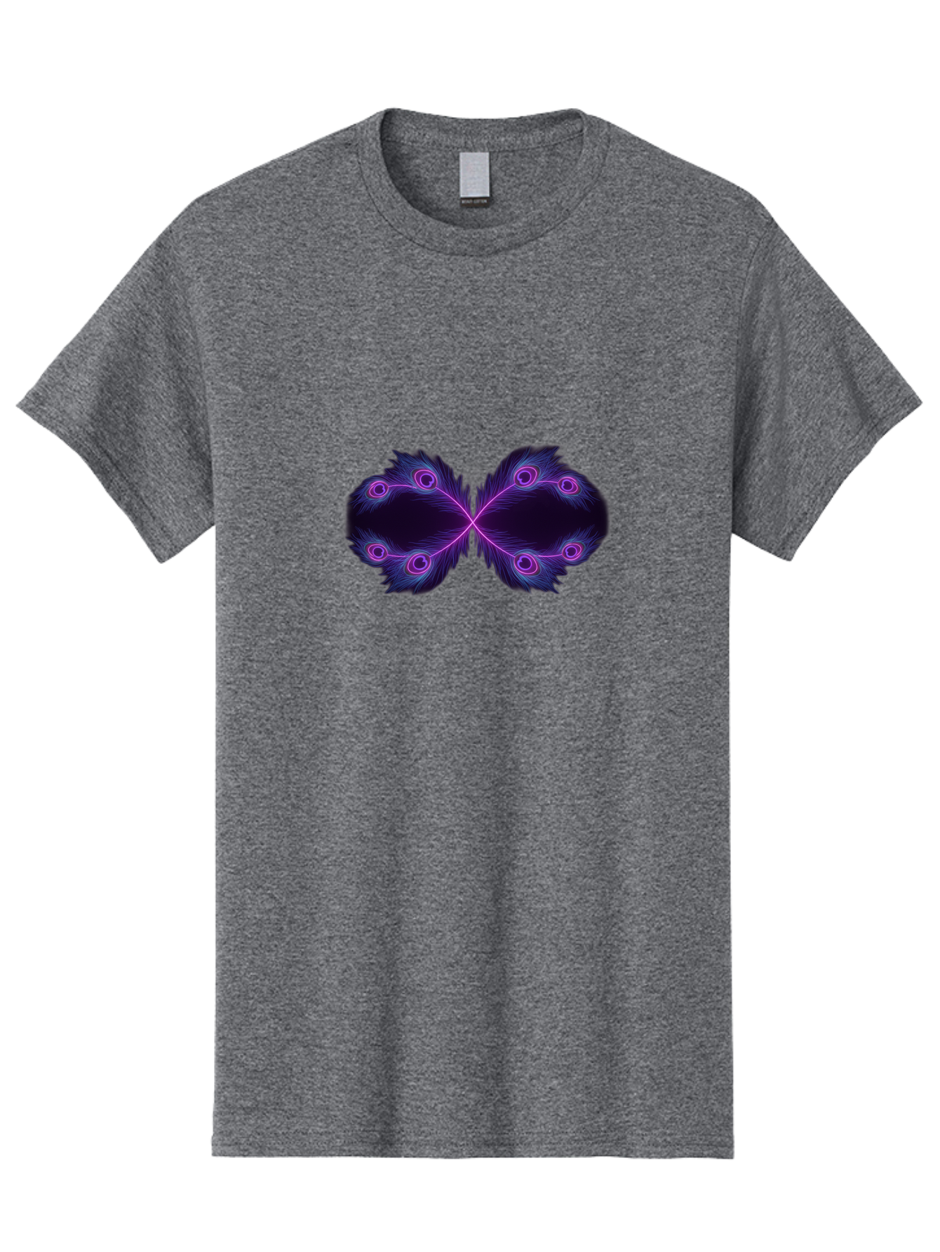 Purple-Feathers-Butterfly Men'S Graphic Tee, 100% Cotton, Comfortable Casual Summer Wear, Machine Washable, Purple Feather Design, Butterfly Shape, Neon Purple Accents, Circular Patterns, Symmetrical Art, Digital Illustration, Fantasy Art, Bab262 3