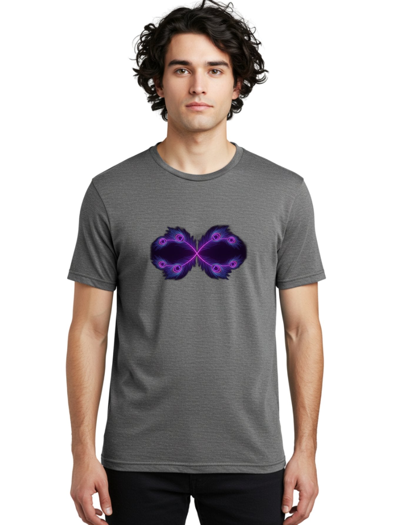 Purple-Feathers-Butterfly Men'S Graphic Tee, 100% Cotton, Comfortable Casual Summer Wear, Machine Washable, Purple Feather Design, Butterfly Shape, Neon Purple Accents, Circular Patterns, Symmetrical Art, Digital Illustration, Fantasy Art, Bab262 29