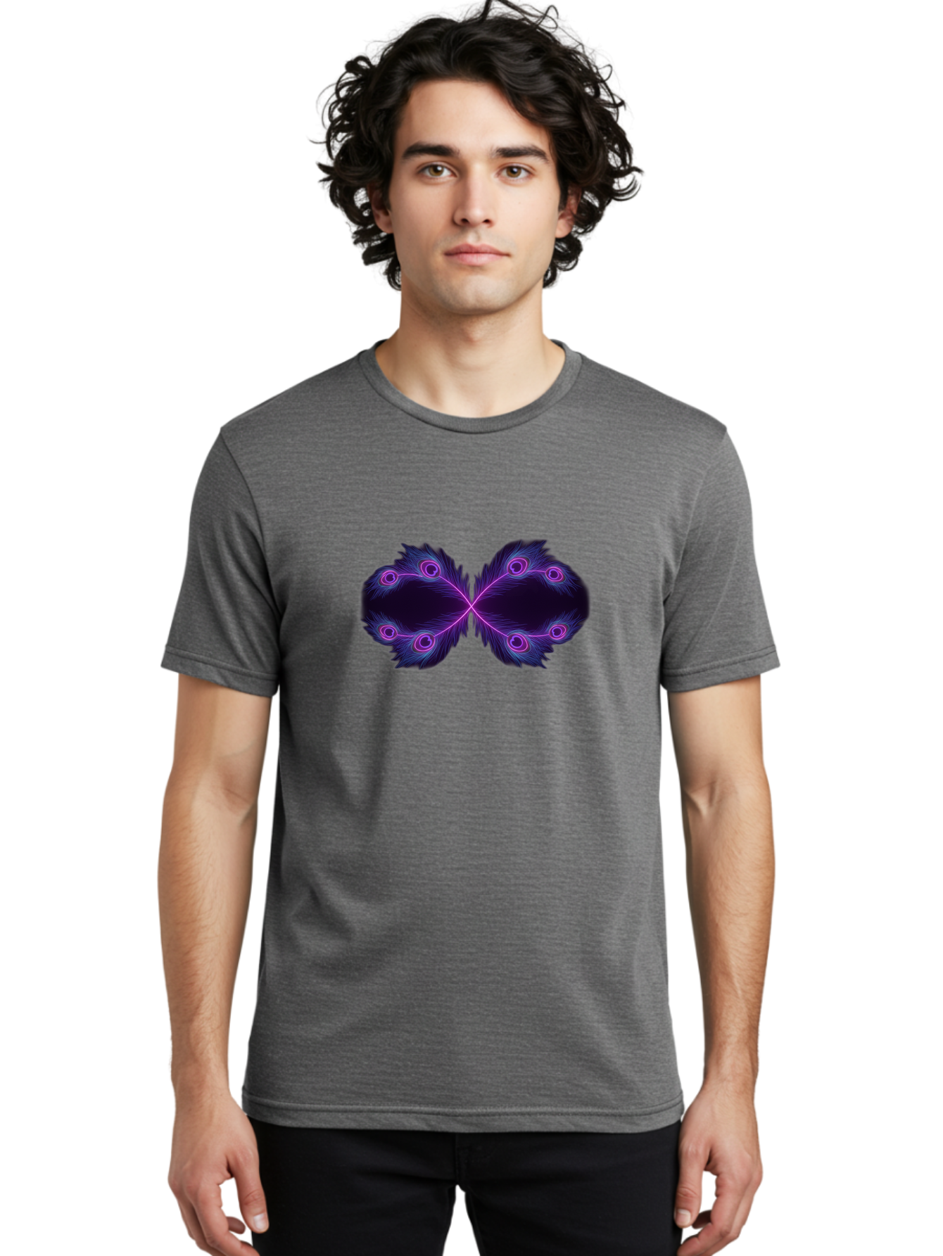 Purple-Feathers-Butterfly Men'S Graphic Tee, 100% Cotton, Comfortable Casual Summer Wear, Machine Washable, Purple Feather Design, Butterfly Shape, Neon Purple Accents, Circular Patterns, Symmetrical Art, Digital Illustration, Fantasy Art, Bab262 4