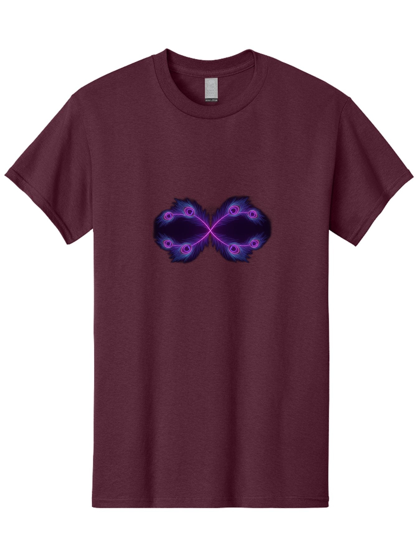Purple-Feathers-Butterfly Men'S Graphic Tee, 100% Cotton, Comfortable Casual Summer Wear, Machine Washable, Purple Feather Design, Butterfly Shape, Neon Purple Accents, Circular Patterns, Symmetrical Art, Digital Illustration, Fantasy Art, Bab262 11
