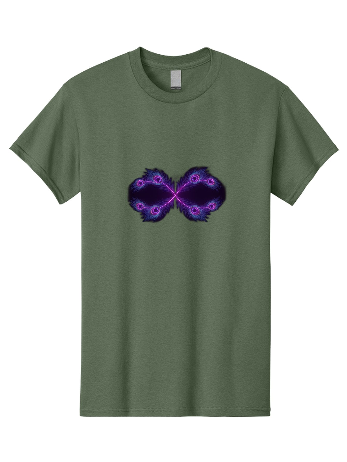 Purple-Feathers-Butterfly Men'S Graphic Tee, 100% Cotton, Comfortable Casual Summer Wear, Machine Washable, Purple Feather Design, Butterfly Shape, Neon Purple Accents, Circular Patterns, Symmetrical Art, Digital Illustration, Fantasy Art, Bab262 9