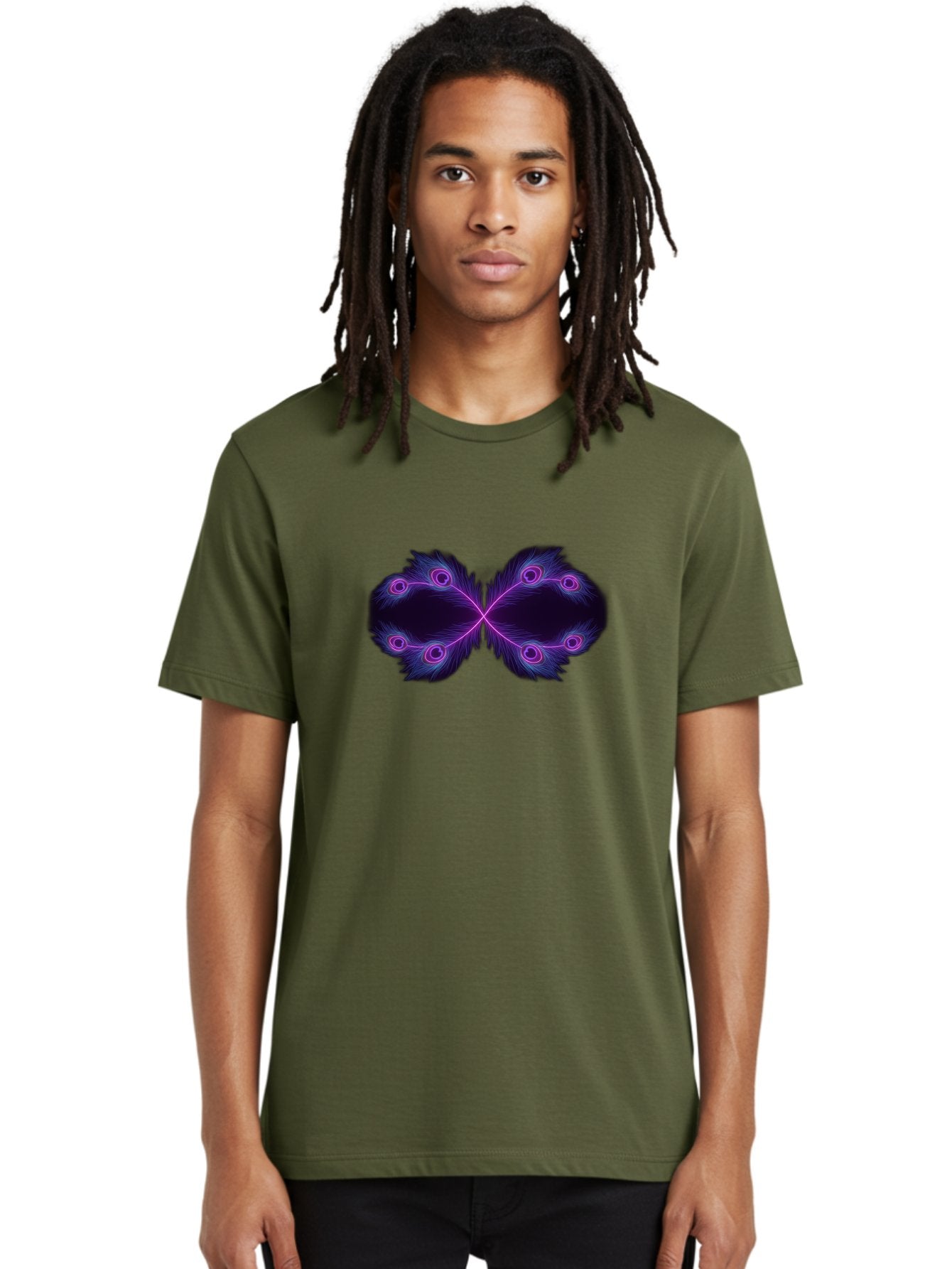 Purple-Feathers-Butterfly Men'S Graphic Tee, 100% Cotton, Comfortable Casual Summer Wear, Machine Washable, Purple Feather Design, Butterfly Shape, Neon Purple Accents, Circular Patterns, Symmetrical Art, Digital Illustration, Fantasy Art, Bab262 26