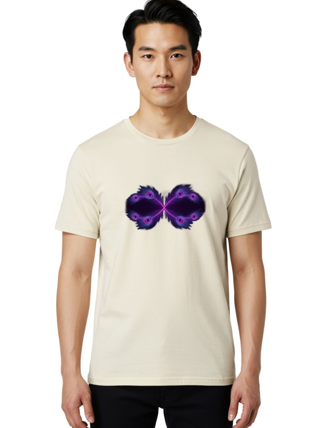 Purple-Feathers-Butterfly Men'S Graphic Tee, 100% Cotton, Comfortable Casual Summer Wear, Machine Washable, Purple Feather Design, Butterfly Shape, Neon Purple Accents, Circular Patterns, Symmetrical Art, Digital Illustration, Fantasy Art, Bab262 30