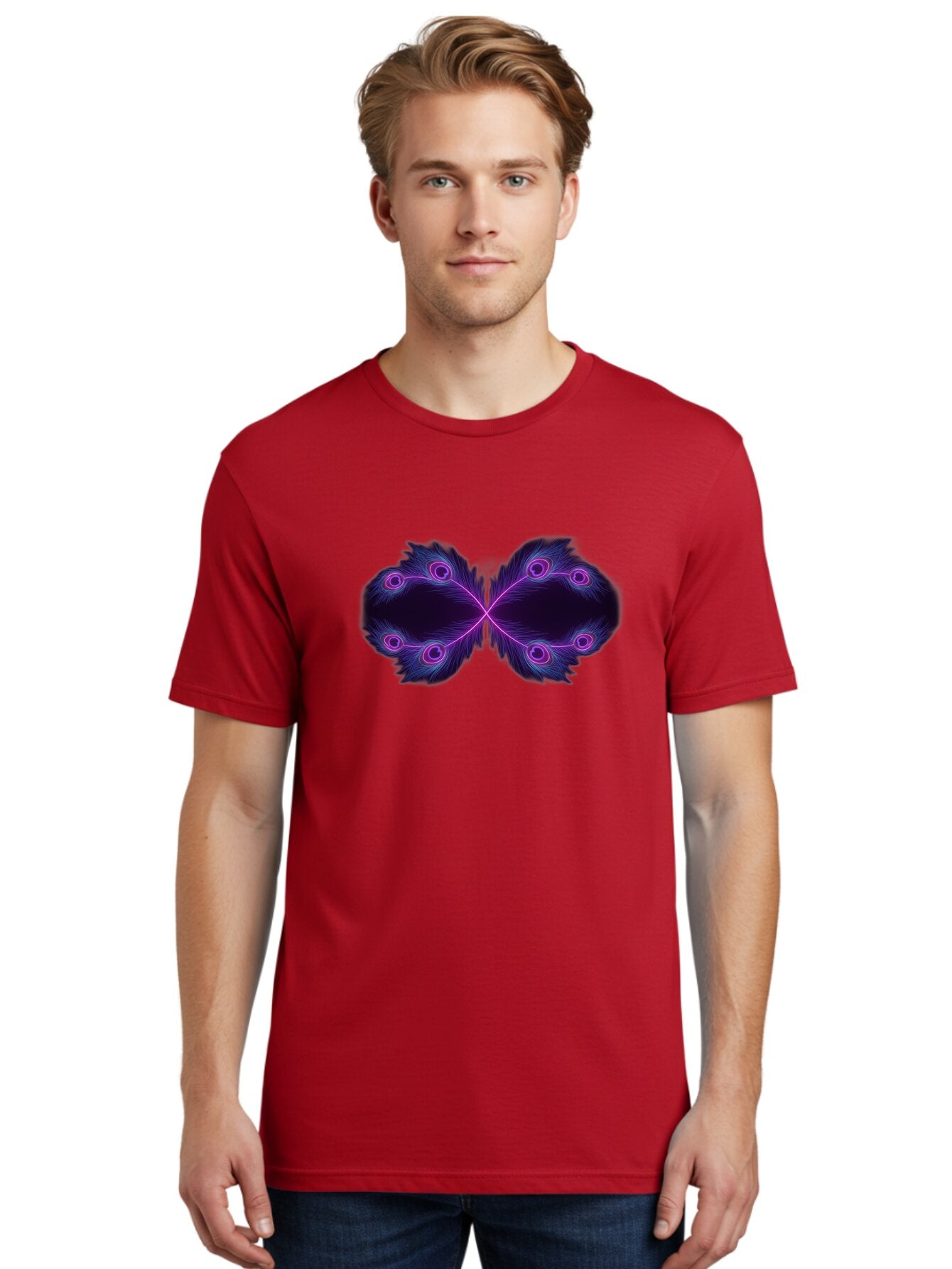 Purple-Feathers-Butterfly Men'S Graphic Tee, 100% Cotton, Comfortable Casual Summer Wear, Machine Washable, Purple Feather Design, Butterfly Shape, Neon Purple Accents, Circular Patterns, Symmetrical Art, Digital Illustration, Fantasy Art, Bab262 25