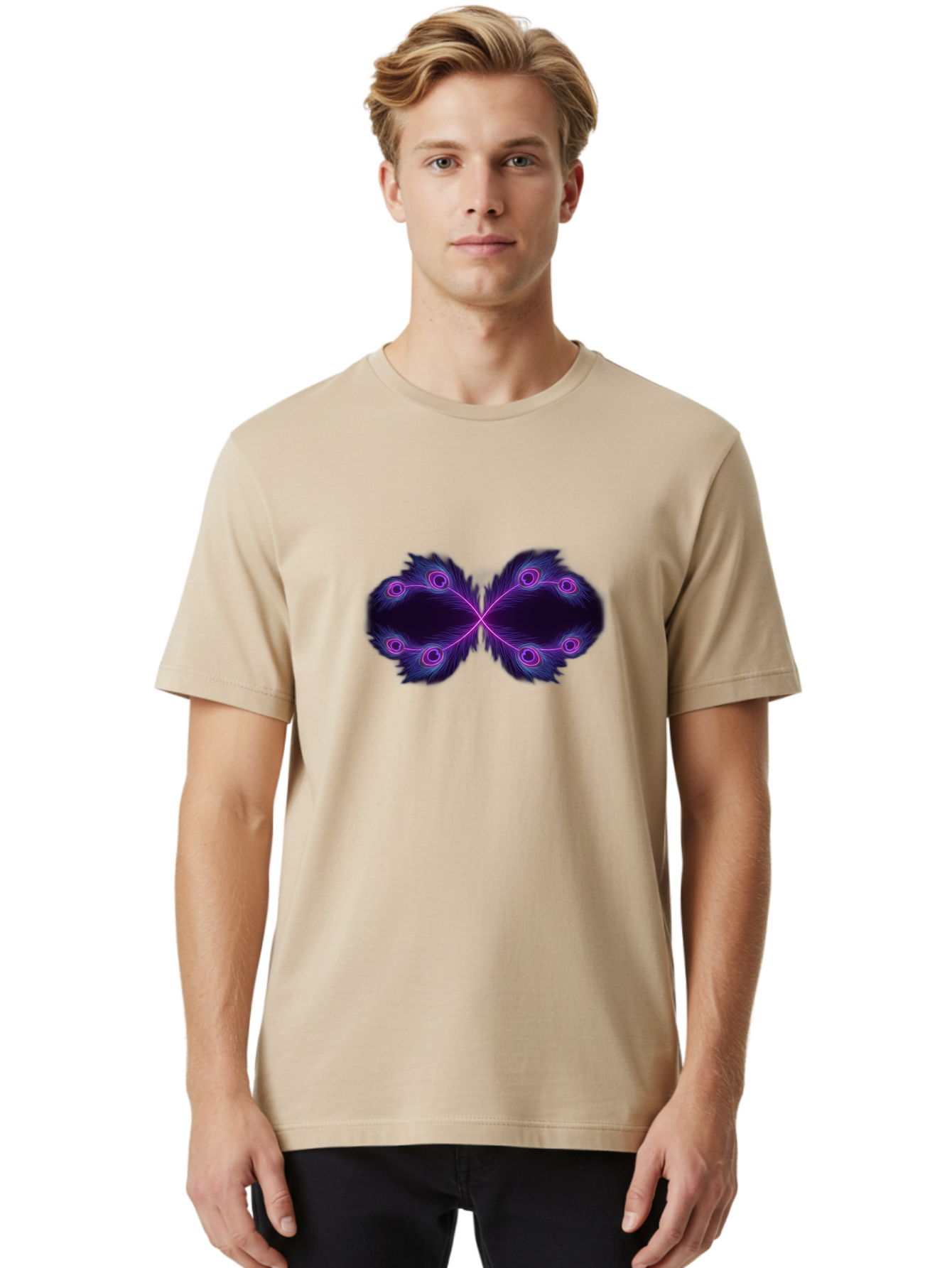Purple-Feathers-Butterfly Men'S Graphic Tee, 100% Cotton, Comfortable Casual Summer Wear, Machine Washable, Purple Feather Design, Butterfly Shape, Neon Purple Accents, Circular Patterns, Symmetrical Art, Digital Illustration, Fantasy Art, Bab262 28