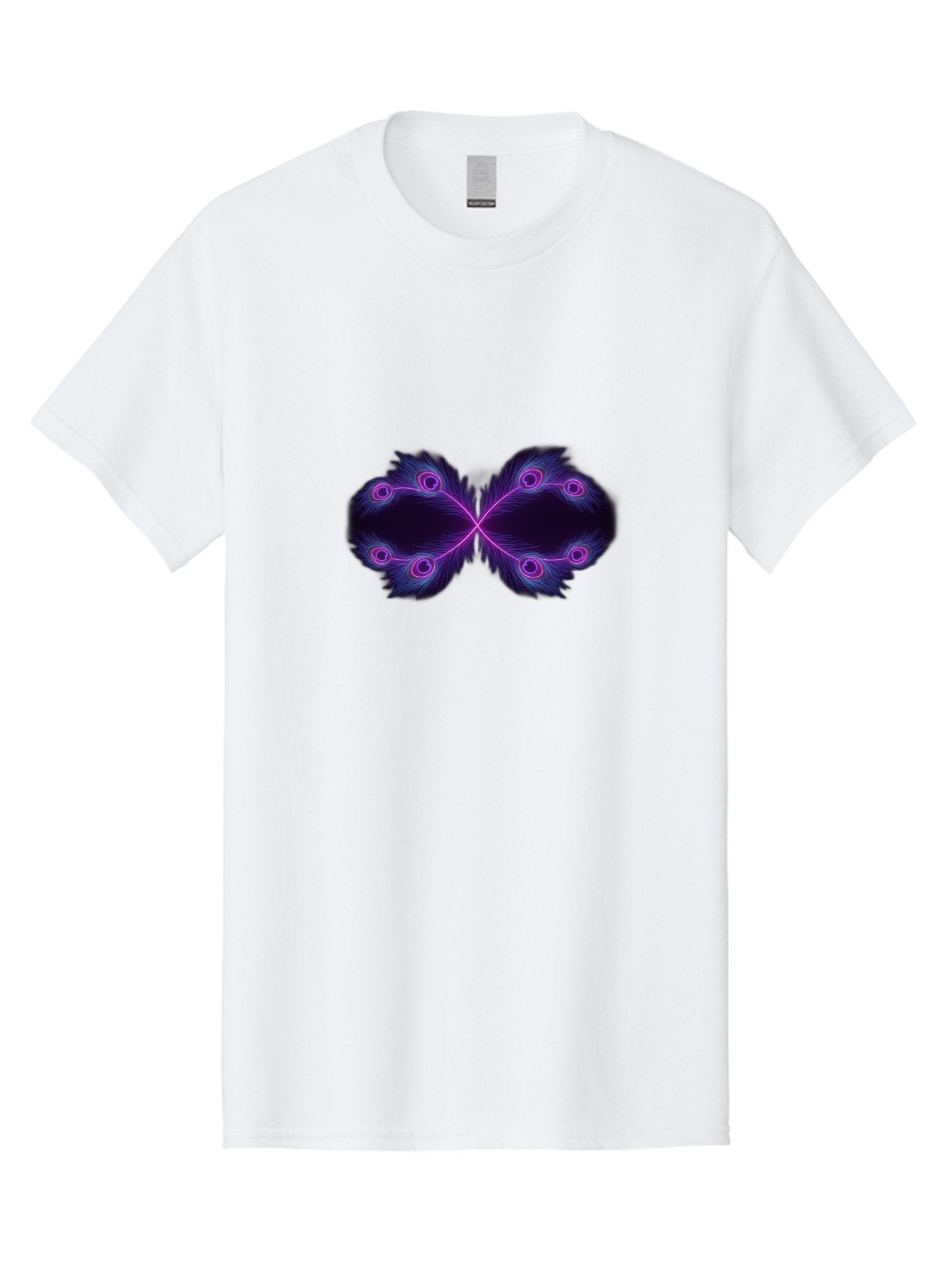 Purple-Feathers-Butterfly Men'S Graphic Tee, 100% Cotton, Comfortable Casual Summer Wear, Machine Washable, Purple Feather Design, Butterfly Shape, Neon Purple Accents, Circular Patterns, Symmetrical Art, Digital Illustration, Fantasy Art, Bab262