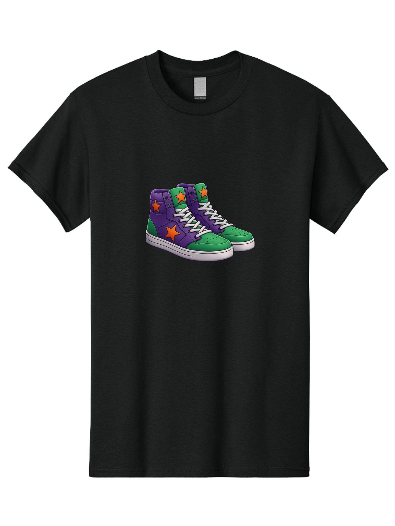 Purple-Green-Sneakers Men'S Graphic Tee, 100% Cotton, Comfortable Casual Summer Wear, Machine Washable, High Top Sneakers, Purple And Green Colorblock, Orange Star Design, White Laces, Fashion Sneakers, Streetwear Style, Bab263 10