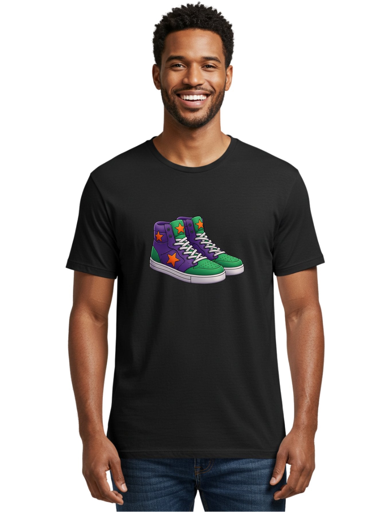 Purple-Green-Sneakers Men'S Graphic Tee, 100% Cotton, Comfortable Casual Summer Wear, Machine Washable, High Top Sneakers, Purple And Green Colorblock, Orange Star Design, White Laces, Fashion Sneakers, Streetwear Style, Bab263 17