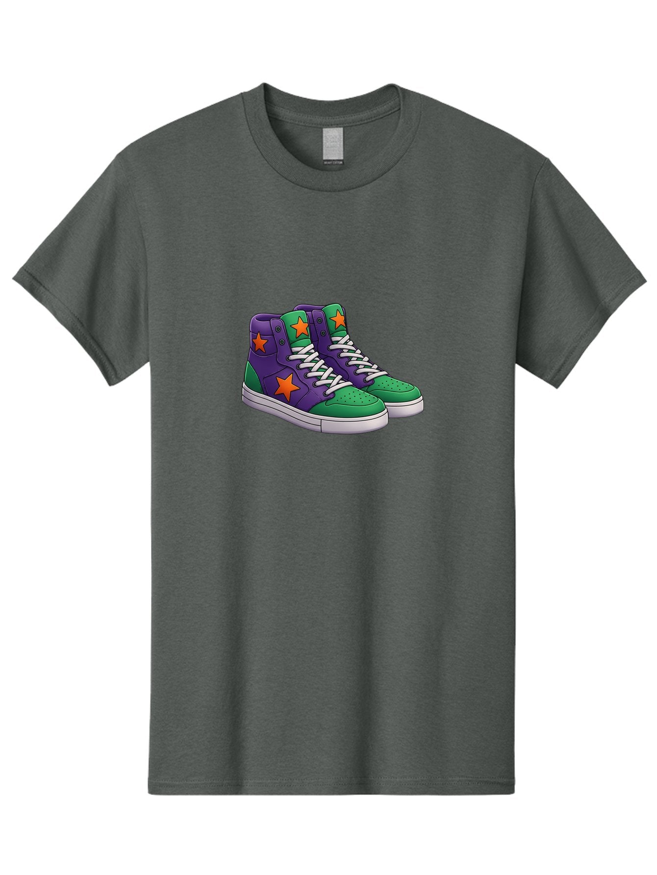 Purple-Green-Sneakers Men'S Graphic Tee, 100% Cotton, Comfortable Casual Summer Wear, Machine Washable, High Top Sneakers, Purple And Green Colorblock, Orange Star Design, White Laces, Fashion Sneakers, Streetwear Style, Bab263 8