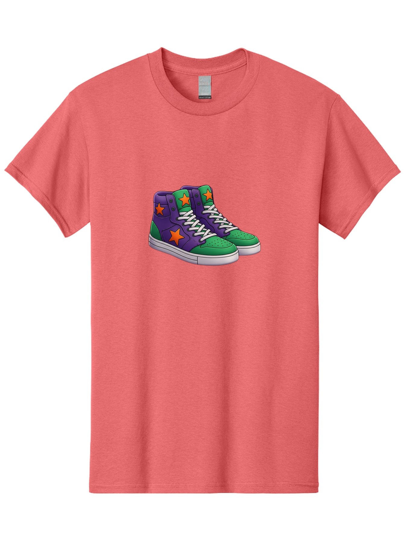 Purple-Green-Sneakers Men'S Graphic Tee, 100% Cotton, Comfortable Casual Summer Wear, Machine Washable, High Top Sneakers, Purple And Green Colorblock, Orange Star Design, White Laces, Fashion Sneakers, Streetwear Style, Bab263