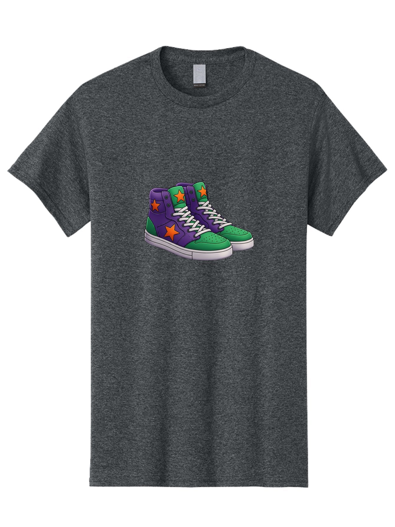 Purple-Green-Sneakers Men'S Graphic Tee, 100% Cotton, Comfortable Casual Summer Wear, Machine Washable, High Top Sneakers, Purple And Green Colorblock, Orange Star Design, White Laces, Fashion Sneakers, Streetwear Style, Bab263 14