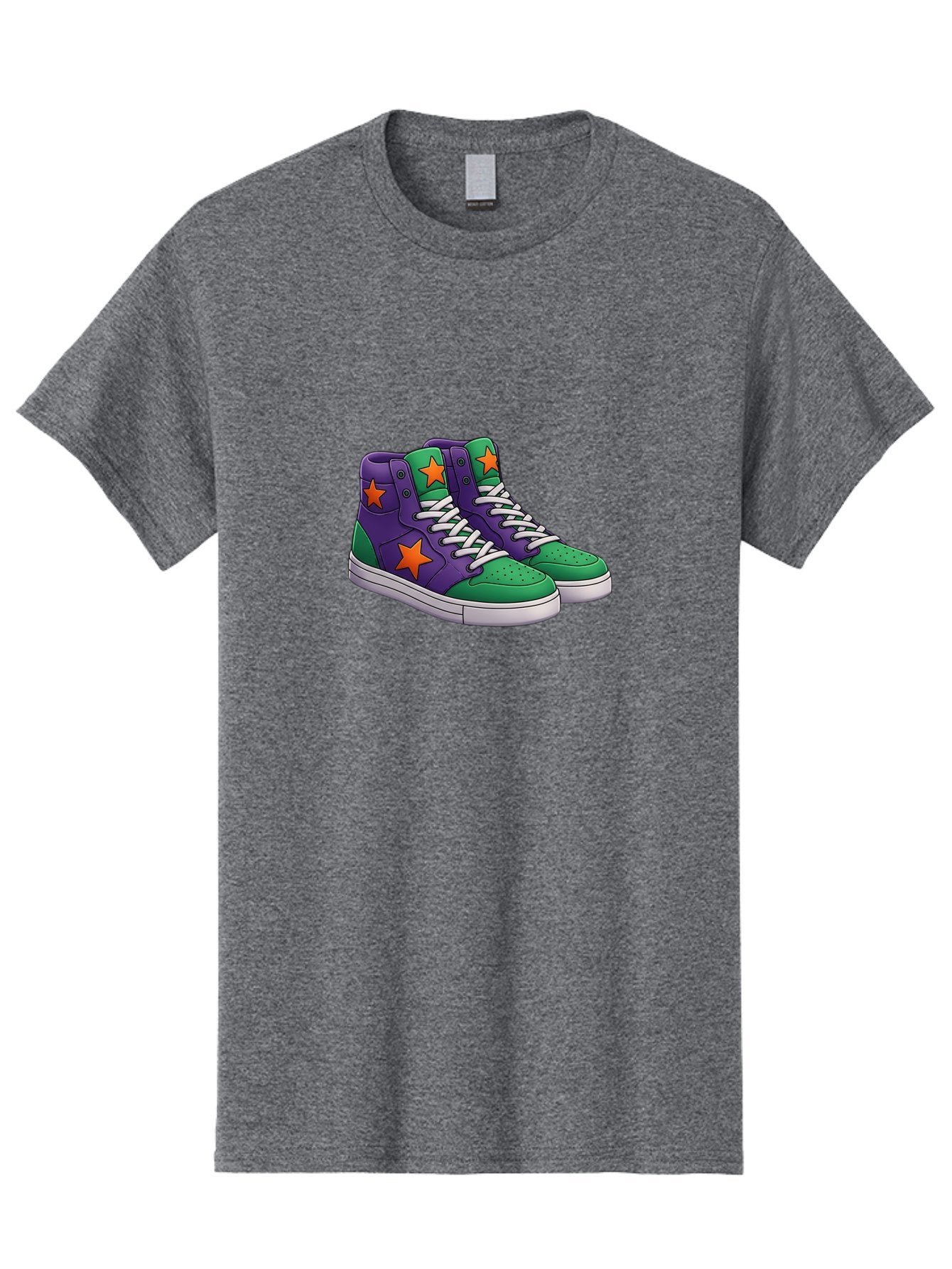 Purple-Green-Sneakers Men'S Graphic Tee, 100% Cotton, Comfortable Casual Summer Wear, Machine Washable, High Top Sneakers, Purple And Green Colorblock, Orange Star Design, White Laces, Fashion Sneakers, Streetwear Style, Bab263 12