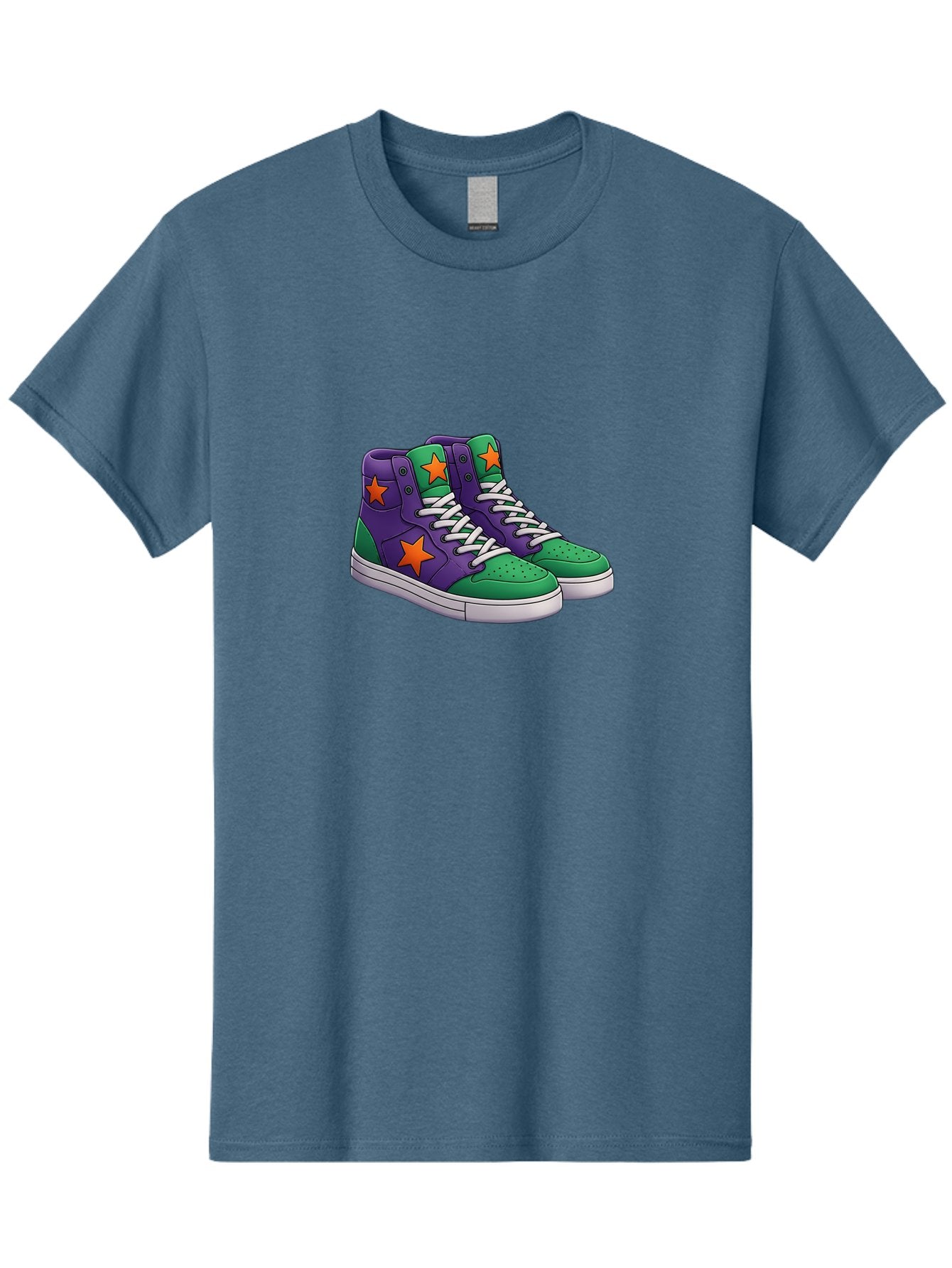 Purple-Green-Sneakers Men'S Graphic Tee, 100% Cotton, Comfortable Casual Summer Wear, Machine Washable, High Top Sneakers, Purple And Green Colorblock, Orange Star Design, White Laces, Fashion Sneakers, Streetwear Style, Bab263 13