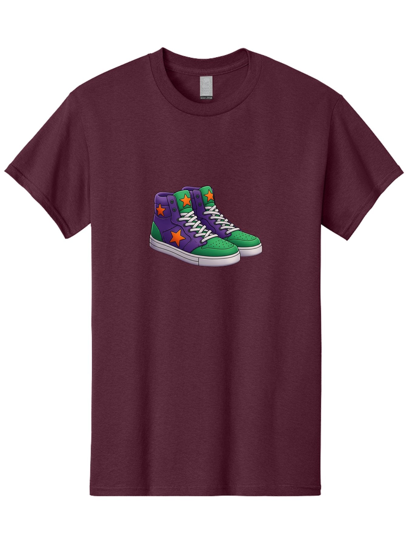 Purple-Green-Sneakers Men'S Graphic Tee, 100% Cotton, Comfortable Casual Summer Wear, Machine Washable, High Top Sneakers, Purple And Green Colorblock, Orange Star Design, White Laces, Fashion Sneakers, Streetwear Style, Bab263 15
