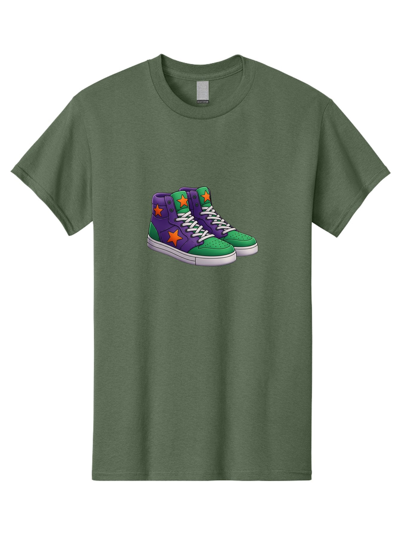 Purple-Green-Sneakers Men'S Graphic Tee, 100% Cotton, Comfortable Casual Summer Wear, Machine Washable, High Top Sneakers, Purple And Green Colorblock, Orange Star Design, White Laces, Fashion Sneakers, Streetwear Style, Bab263 11
