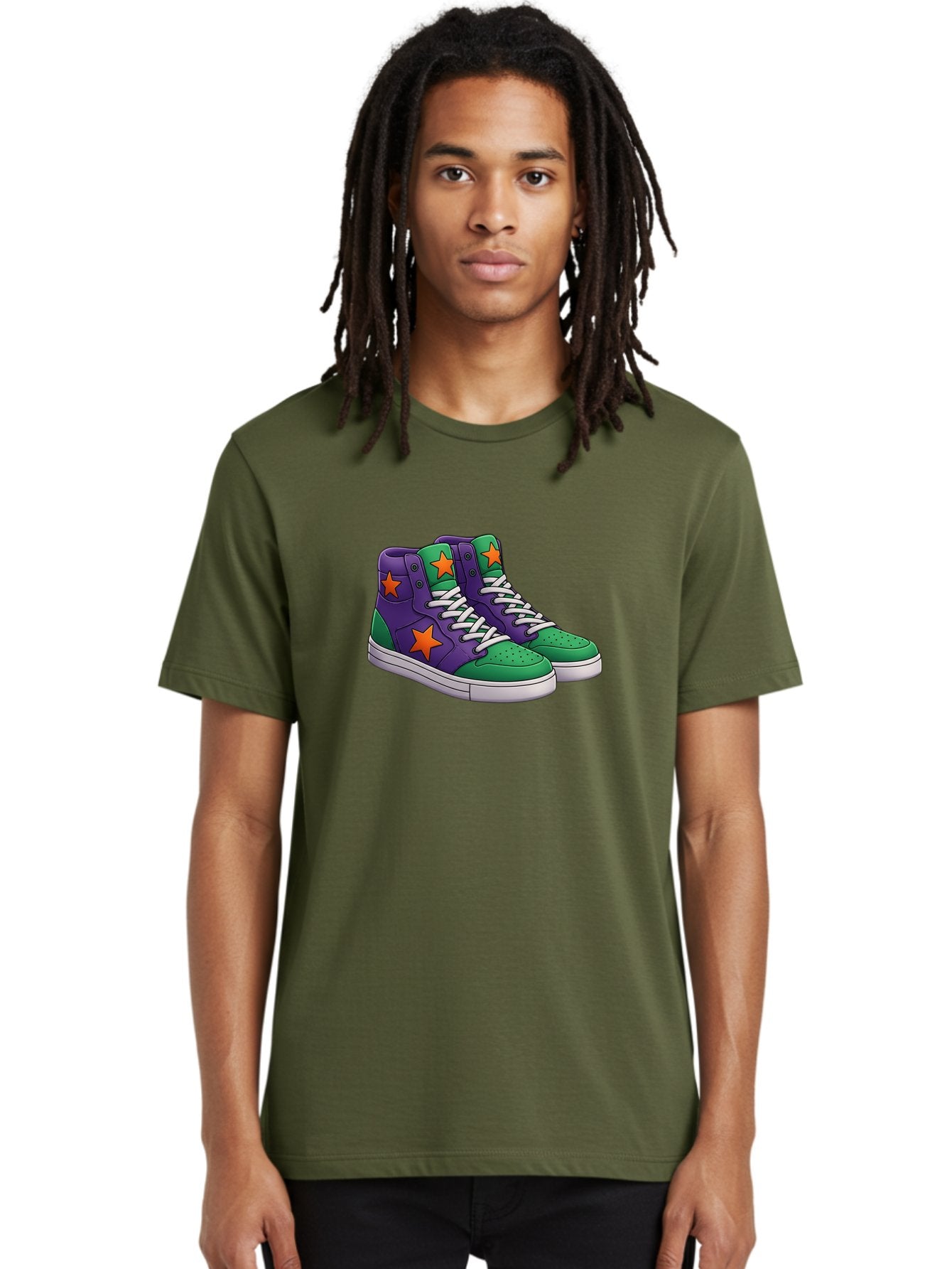 Purple-Green-Sneakers Men'S Graphic Tee, 100% Cotton, Comfortable Casual Summer Wear, Machine Washable, High Top Sneakers, Purple And Green Colorblock, Orange Star Design, White Laces, Fashion Sneakers, Streetwear Style, Bab263 27