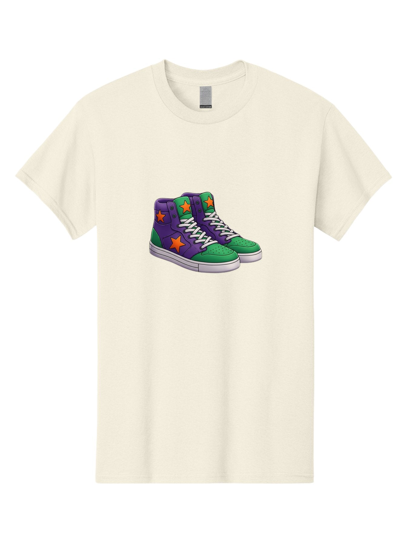 Purple-Green-Sneakers Men'S Graphic Tee, 100% Cotton, Comfortable Casual Summer Wear, Machine Washable, High Top Sneakers, Purple And Green Colorblock, Orange Star Design, White Laces, Fashion Sneakers, Streetwear Style, Bab263 6
