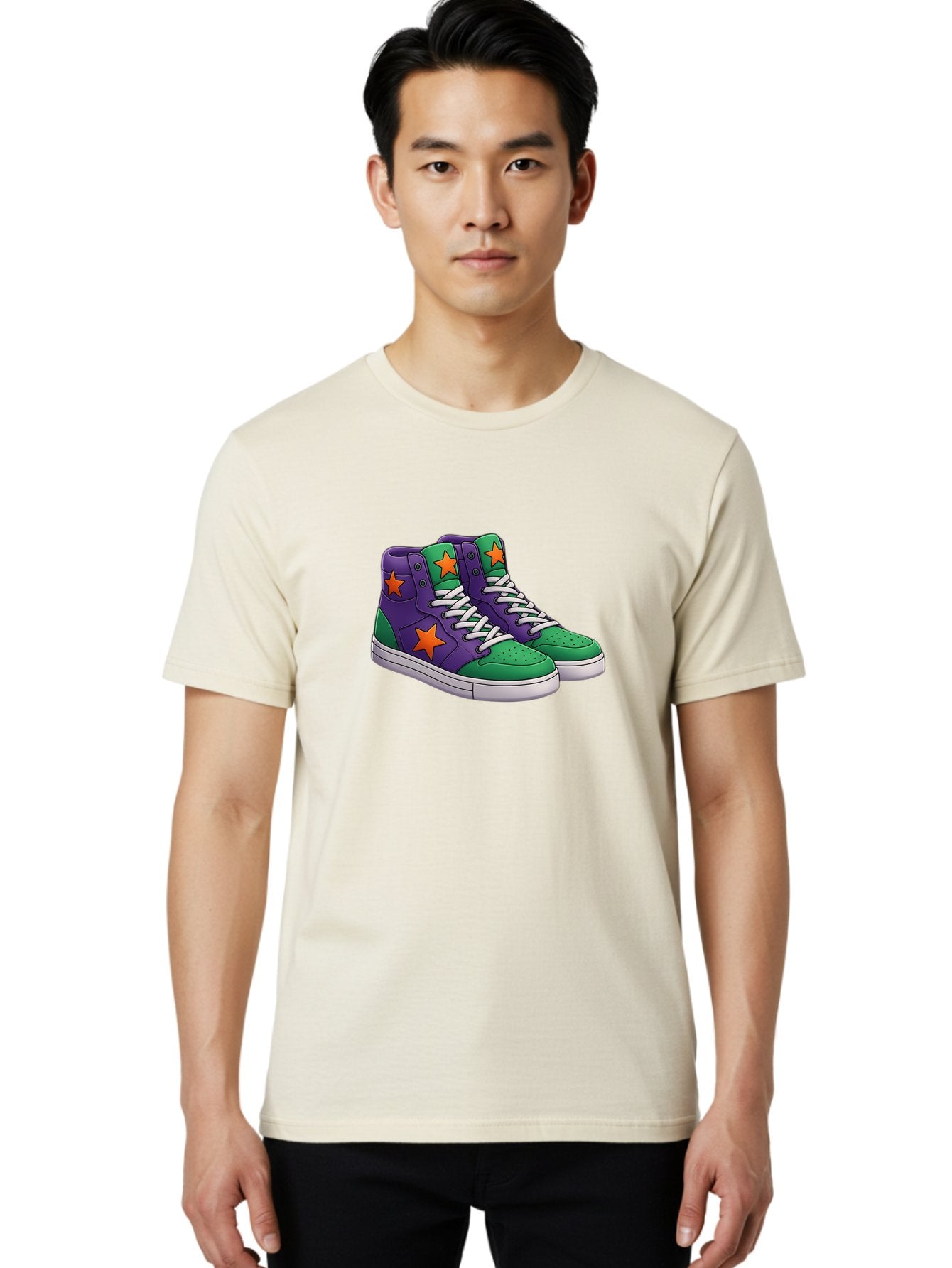 Purple-Green-Sneakers Men'S Graphic Tee, 100% Cotton, Comfortable Casual Summer Wear, Machine Washable, High Top Sneakers, Purple And Green Colorblock, Orange Star Design, White Laces, Fashion Sneakers, Streetwear Style, Bab263 24