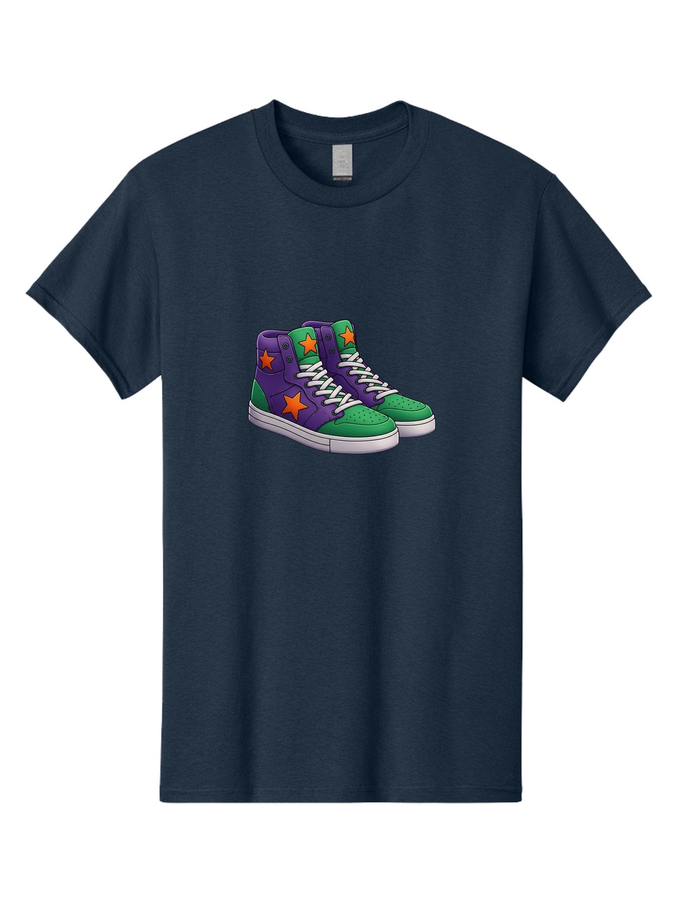 Purple-Green-Sneakers Men'S Graphic Tee, 100% Cotton, Comfortable Casual Summer Wear, Machine Washable, High Top Sneakers, Purple And Green Colorblock, Orange Star Design, White Laces, Fashion Sneakers, Streetwear Style, Bab263 5