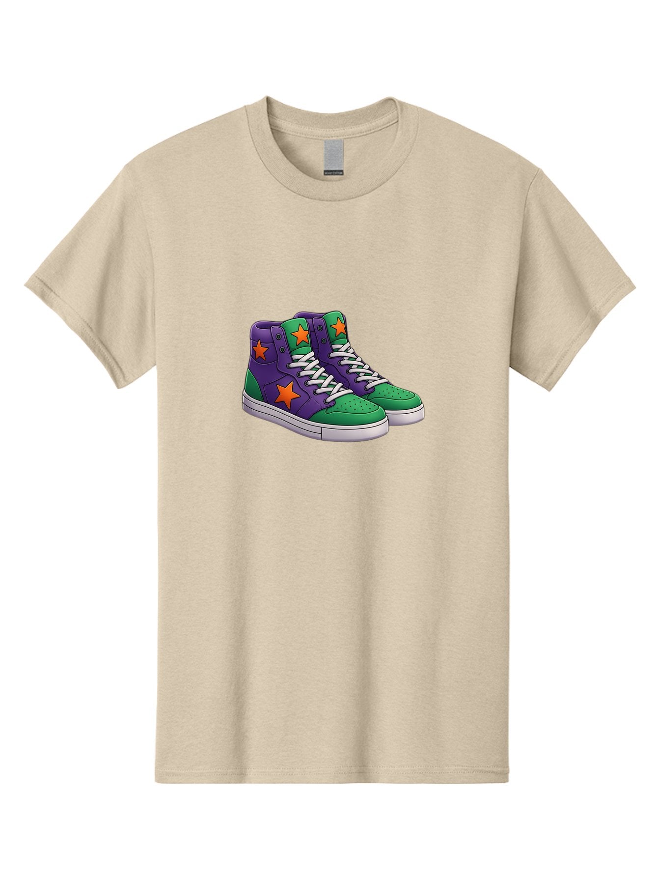 Purple-Green-Sneakers Men'S Graphic Tee, 100% Cotton, Comfortable Casual Summer Wear, Machine Washable, High Top Sneakers, Purple And Green Colorblock, Orange Star Design, White Laces, Fashion Sneakers, Streetwear Style, Bab263 3