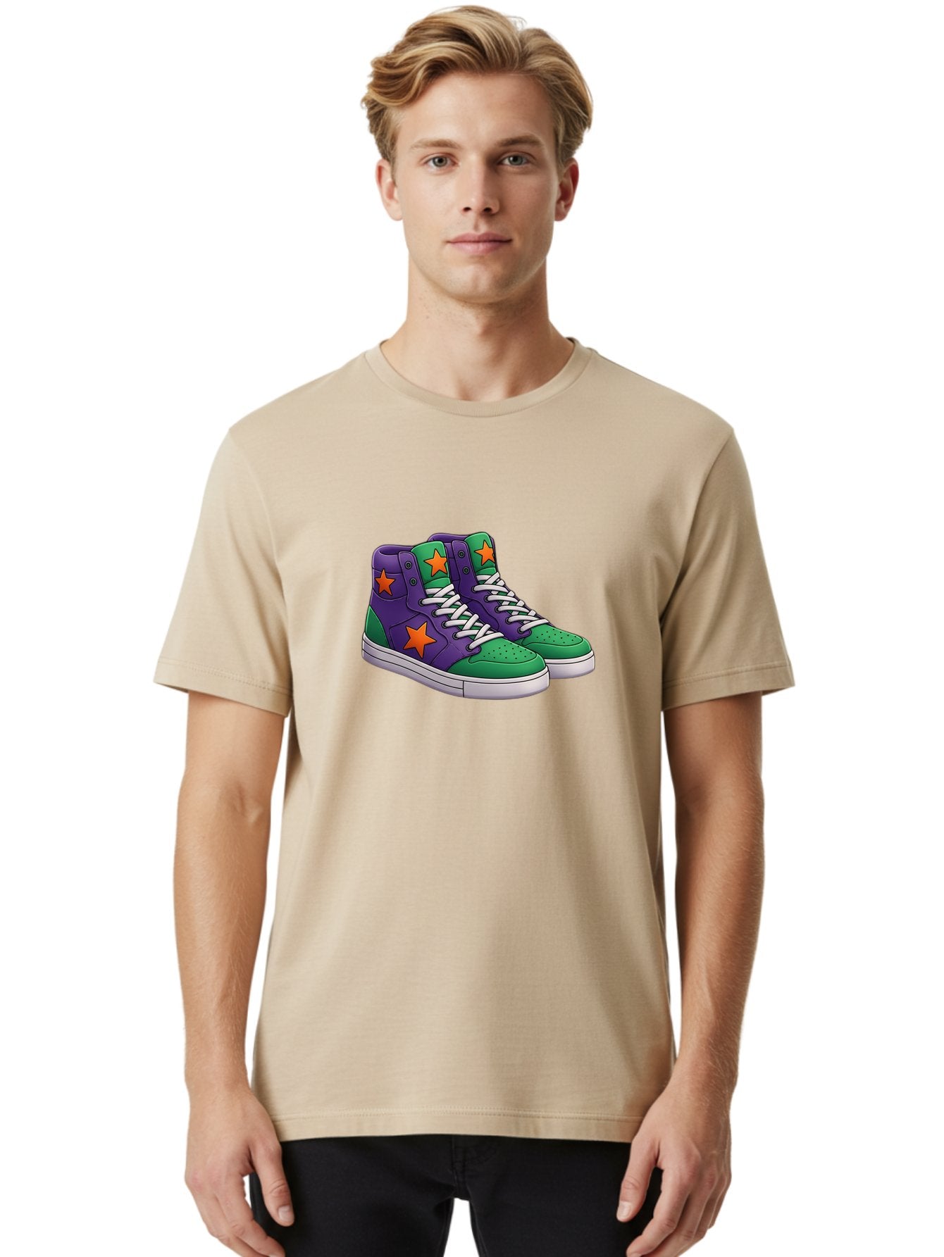 Purple-Green-Sneakers Men'S Graphic Tee, 100% Cotton, Comfortable Casual Summer Wear, Machine Washable, High Top Sneakers, Purple And Green Colorblock, Orange Star Design, White Laces, Fashion Sneakers, Streetwear Style, Bab263 22