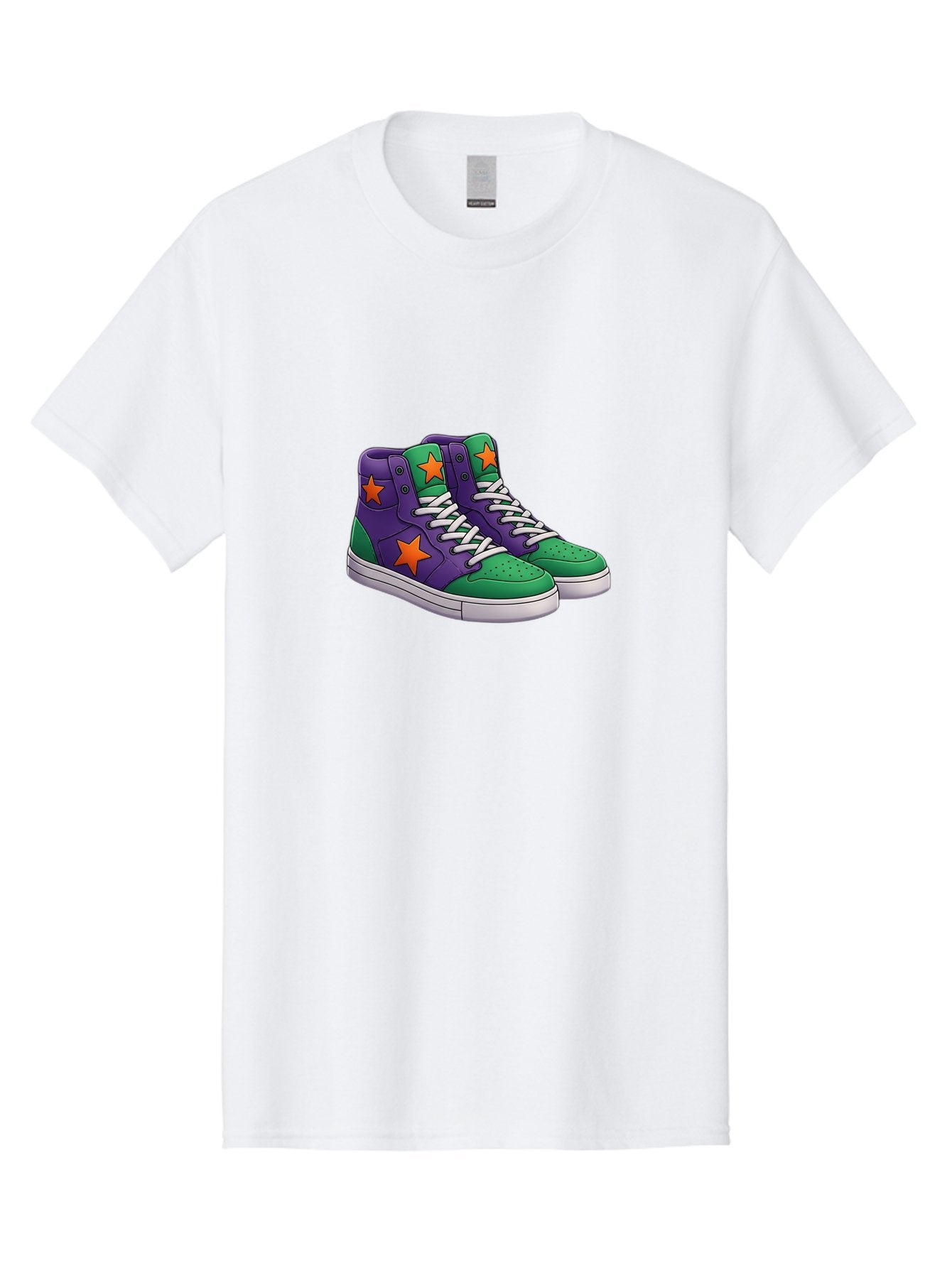 Purple-Green-Sneakers Men'S Graphic Tee, 100% Cotton, Comfortable Casual Summer Wear, Machine Washable, High Top Sneakers, Purple And Green Colorblock, Orange Star Design, White Laces, Fashion Sneakers, Streetwear Style, Bab263