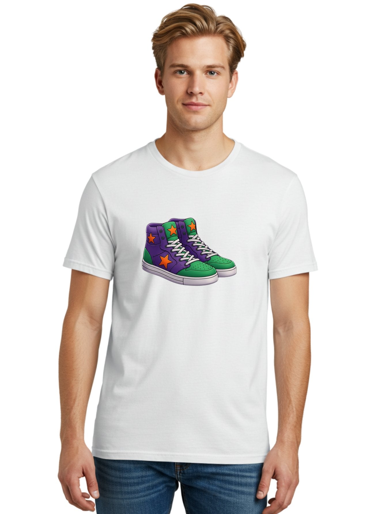 Purple-Green-Sneakers Men'S Graphic Tee, 100% Cotton, Comfortable Casual Summer Wear, Machine Washable, High Top Sneakers, Purple And Green Colorblock, Orange Star Design, White Laces, Fashion Sneakers, Streetwear Style, Bab263 21