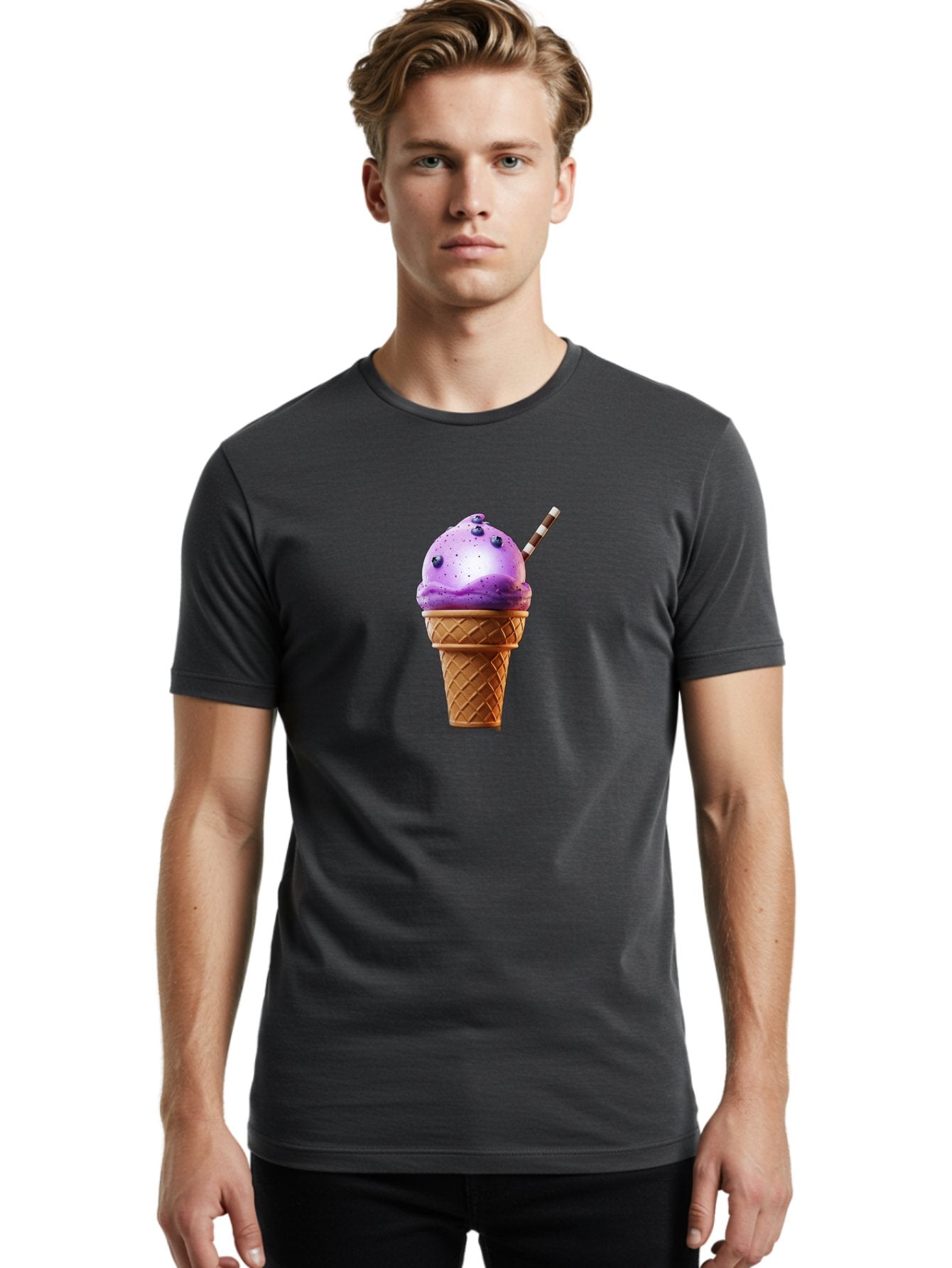 Purple-Ice-Cream-Cone Men'S Graphic Tee, 100% Cotton, Comfortable Casual Summer Wear, Machine Washable, Purple Ice Cream, Waffle Cone, Blueberry Topping, Striped Straw, Sweet Treat, Dessert, Cold Dessert, Creamy Texture, Frozen Yogurt Bab264 27