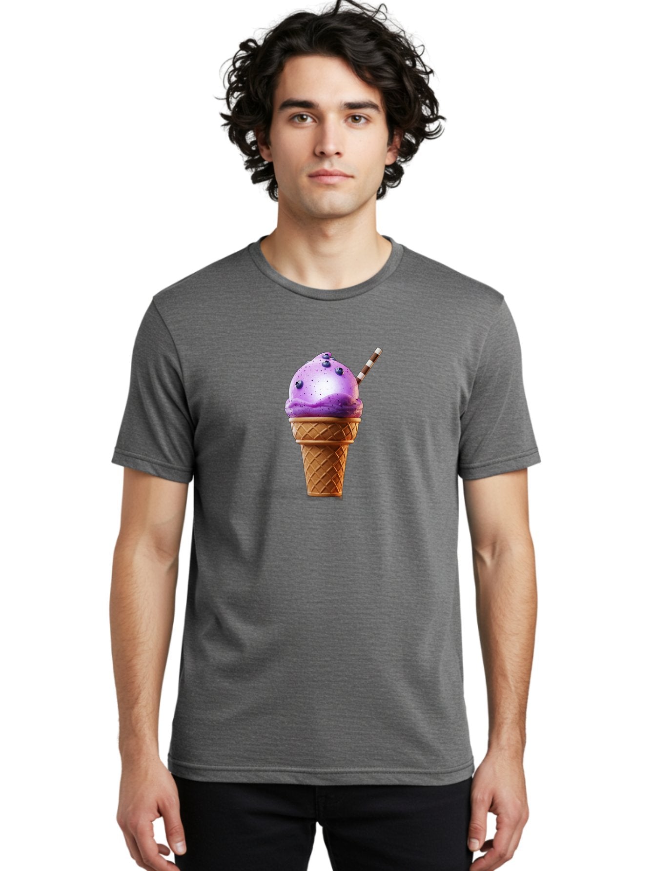 Purple-Ice-Cream-Cone Men'S Graphic Tee, 100% Cotton, Comfortable Casual Summer Wear, Machine Washable, Purple Ice Cream, Waffle Cone, Blueberry Topping, Striped Straw, Sweet Treat, Dessert, Cold Dessert, Creamy Texture, Frozen Yogurt Bab264 17