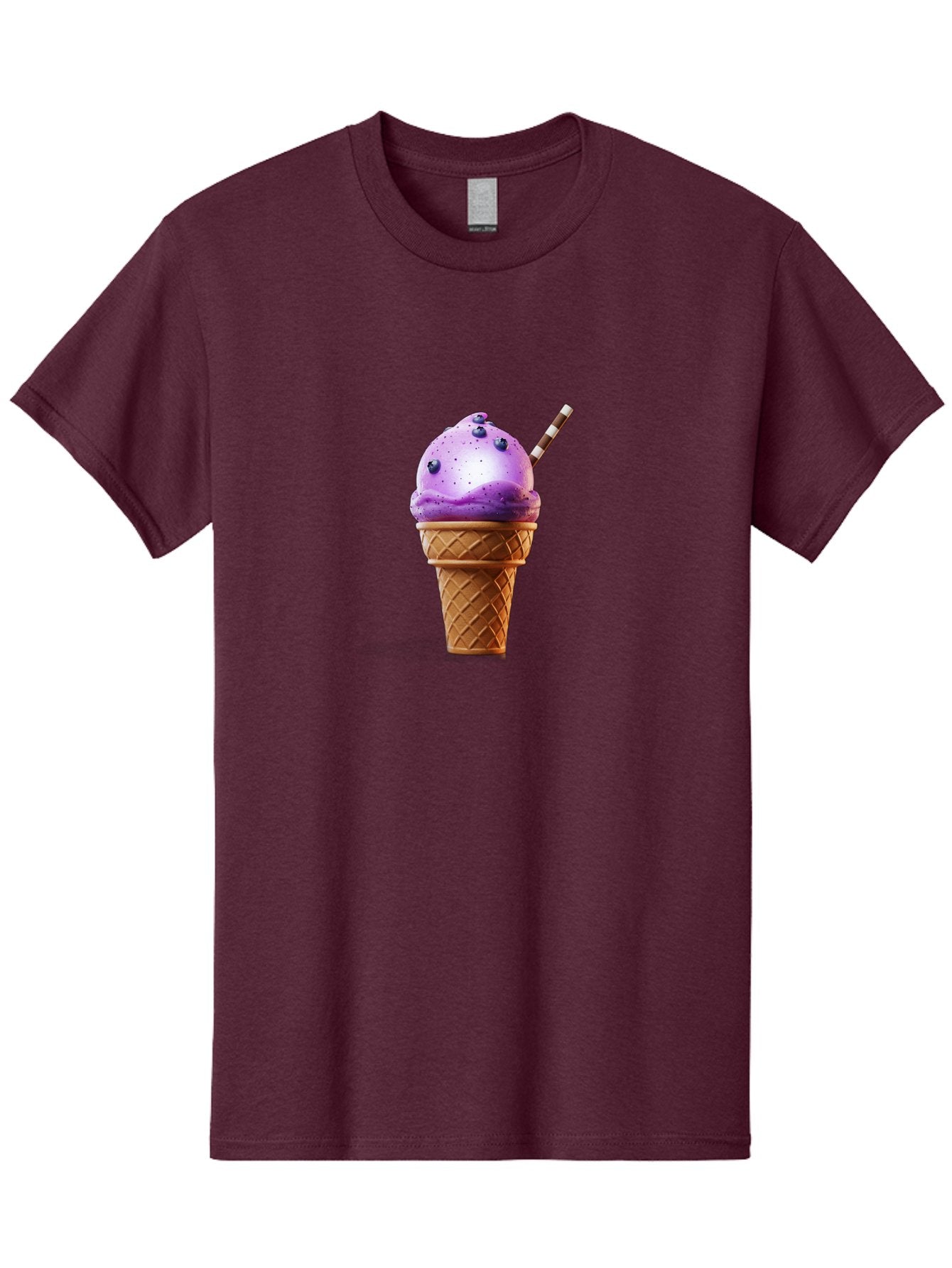 Purple-Ice-Cream-Cone Men'S Graphic Tee, 100% Cotton, Comfortable Casual Summer Wear, Machine Washable, Purple Ice Cream, Waffle Cone, Blueberry Topping, Striped Straw, Sweet Treat, Dessert, Cold Dessert, Creamy Texture, Frozen Yogurt Bab264