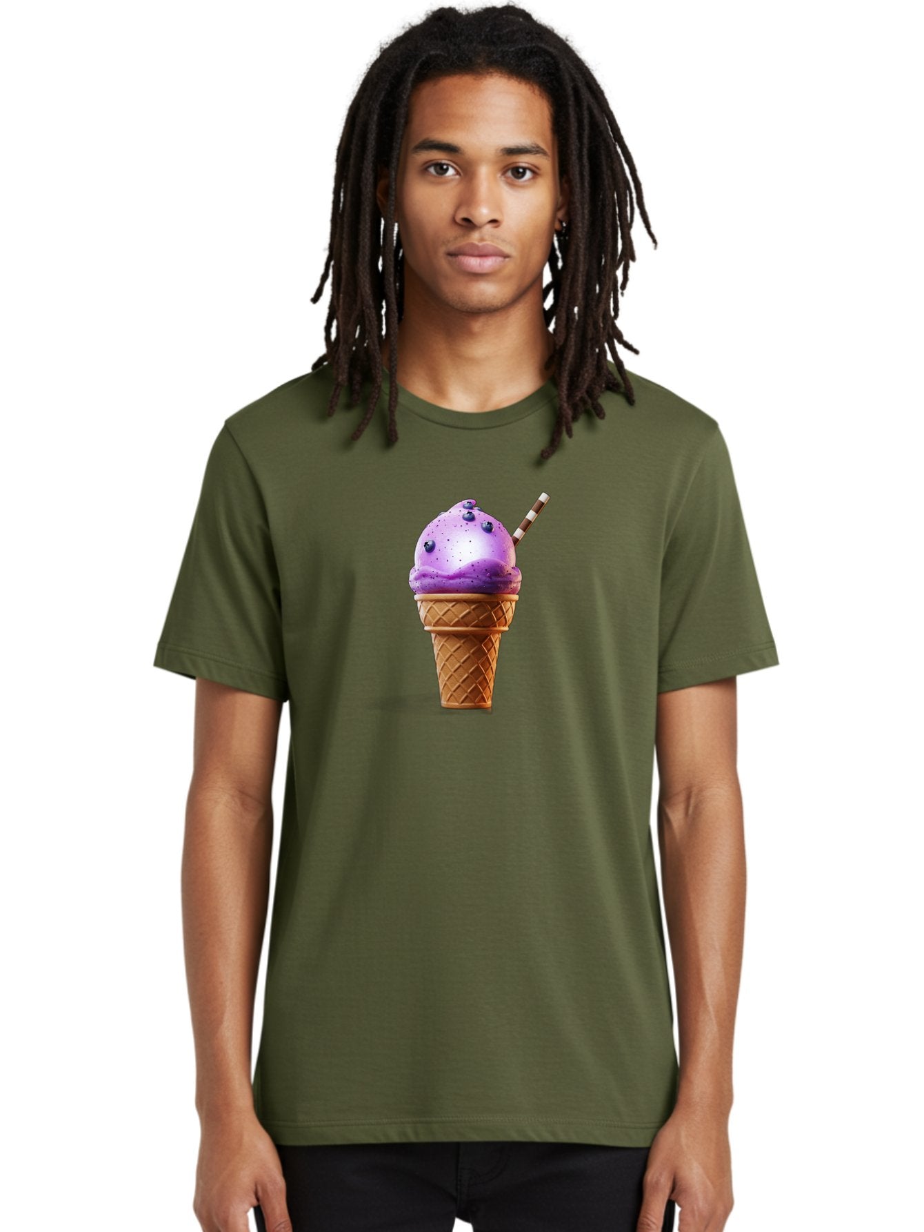 Purple-Ice-Cream-Cone Men'S Graphic Tee, 100% Cotton, Comfortable Casual Summer Wear, Machine Washable, Purple Ice Cream, Waffle Cone, Blueberry Topping, Striped Straw, Sweet Treat, Dessert, Cold Dessert, Creamy Texture, Frozen Yogurt Bab264 19