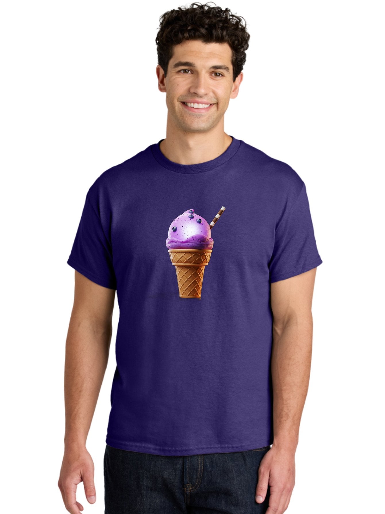 Purple-Ice-Cream-Cone Men'S Graphic Tee, 100% Cotton, Comfortable Casual Summer Wear, Machine Washable, Purple Ice Cream, Waffle Cone, Blueberry Topping, Striped Straw, Sweet Treat, Dessert, Cold Dessert, Creamy Texture, Frozen Yogurt Bab264 26