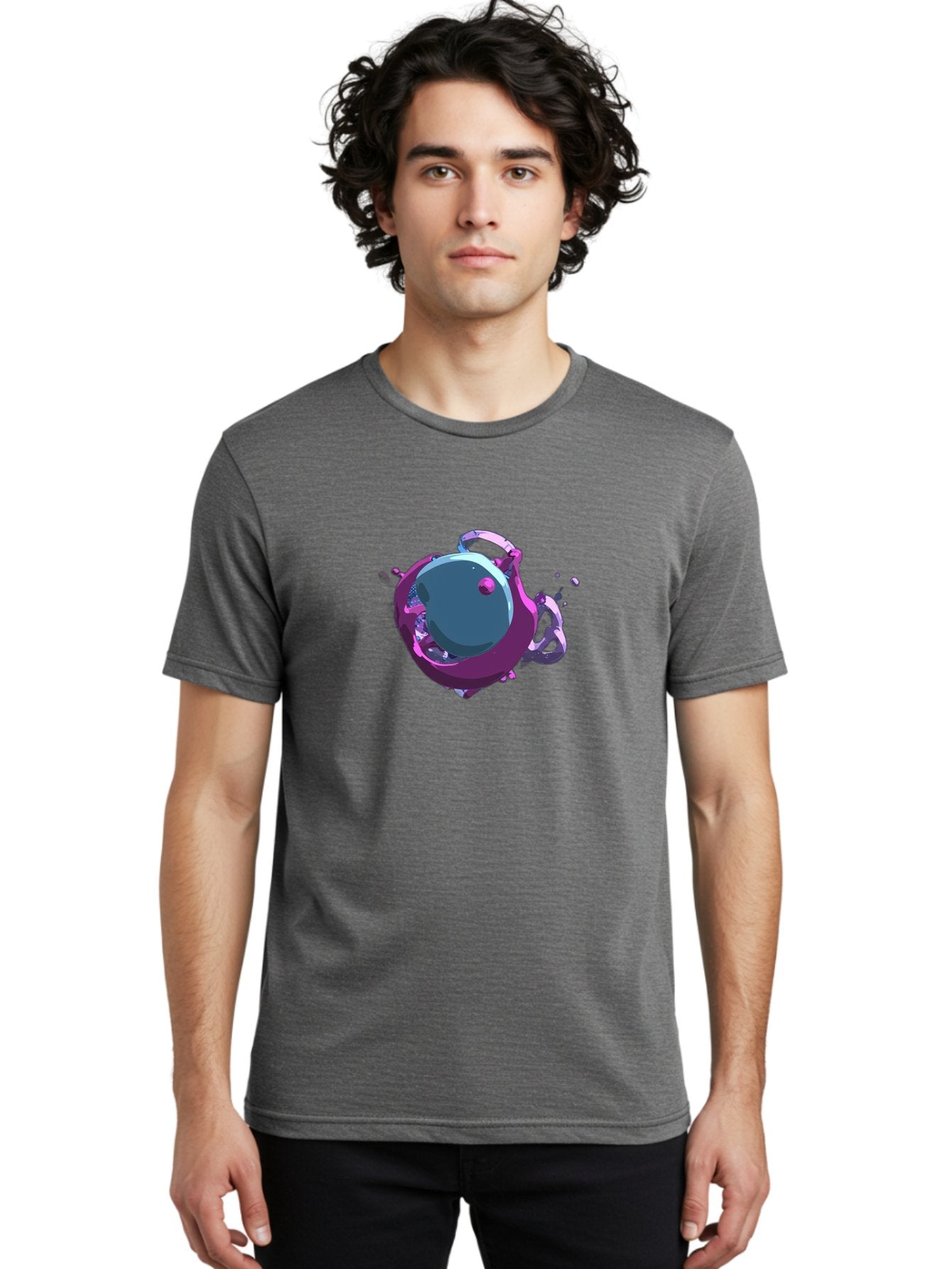 Purple-Liquid-Sphere Men'S Graphic Tee, 100% Cotton, Comfortable Casual Summer Wear, Machine Washable, Molten Sphere, 3D Rendering, Purple Color Scheme, Abstract Art, Liquid Metal, Futuristic Design, Digital Artwork, Modern Graphics Bab266 30