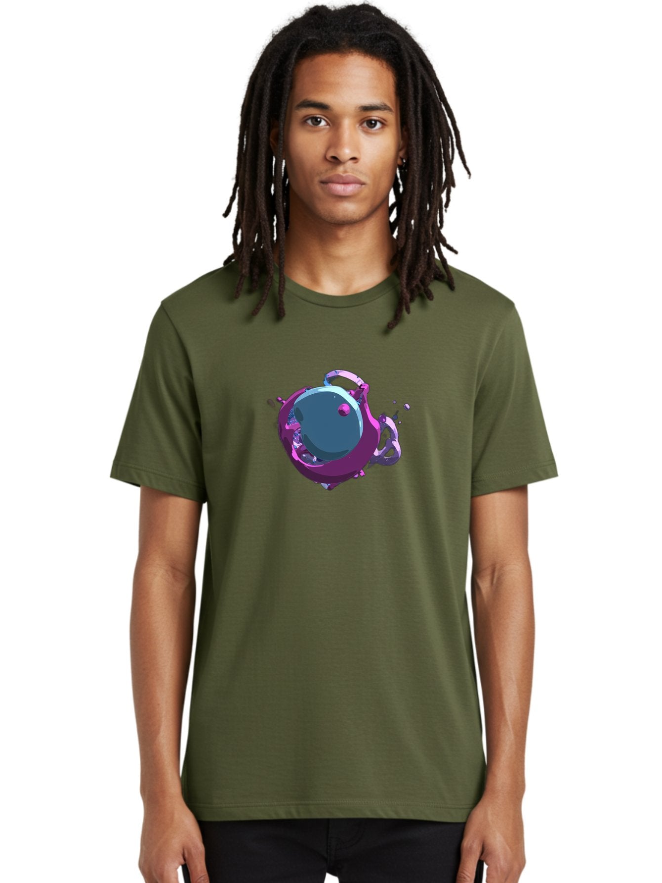 Purple-Liquid-Sphere Men'S Graphic Tee, 100% Cotton, Comfortable Casual Summer Wear, Machine Washable, Molten Sphere, 3D Rendering, Purple Color Scheme, Abstract Art, Liquid Metal, Futuristic Design, Digital Artwork, Modern Graphics Bab266 26